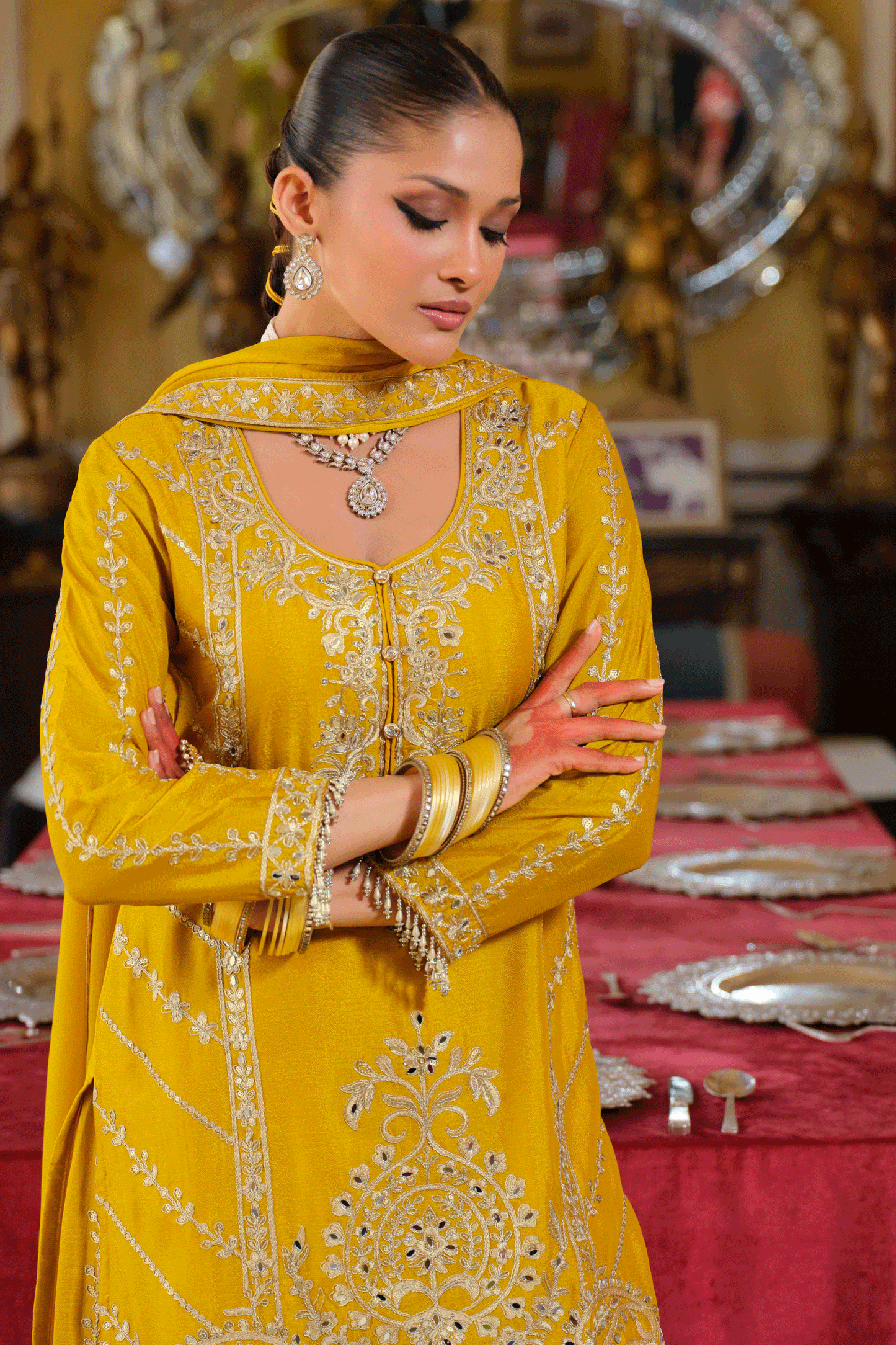 Yellow Readymade Heavy Work Chinon Palazzo Suit-SS652_4_SareeButa.com