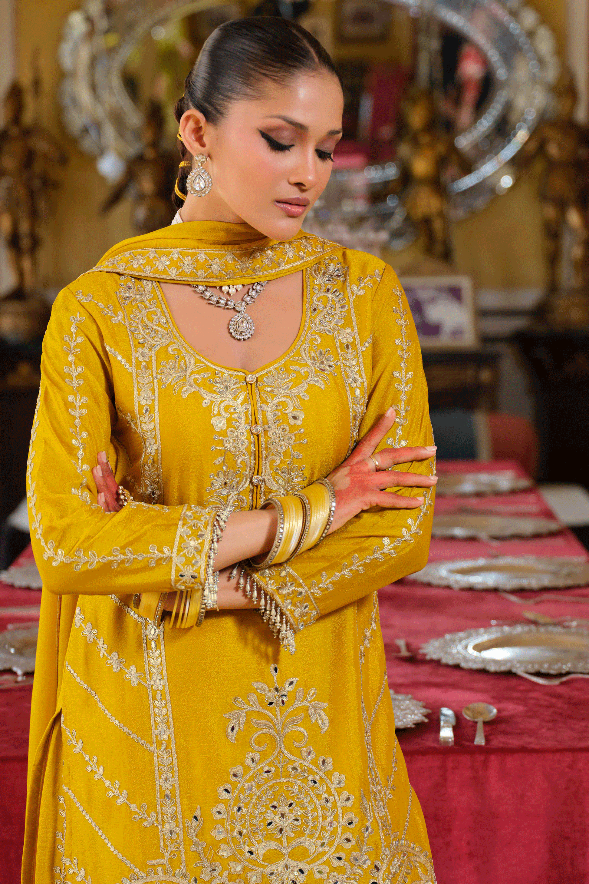 Yellow Readymade Heavy Work Chinon Palazzo Suit-SS652_4_SareeButa.com