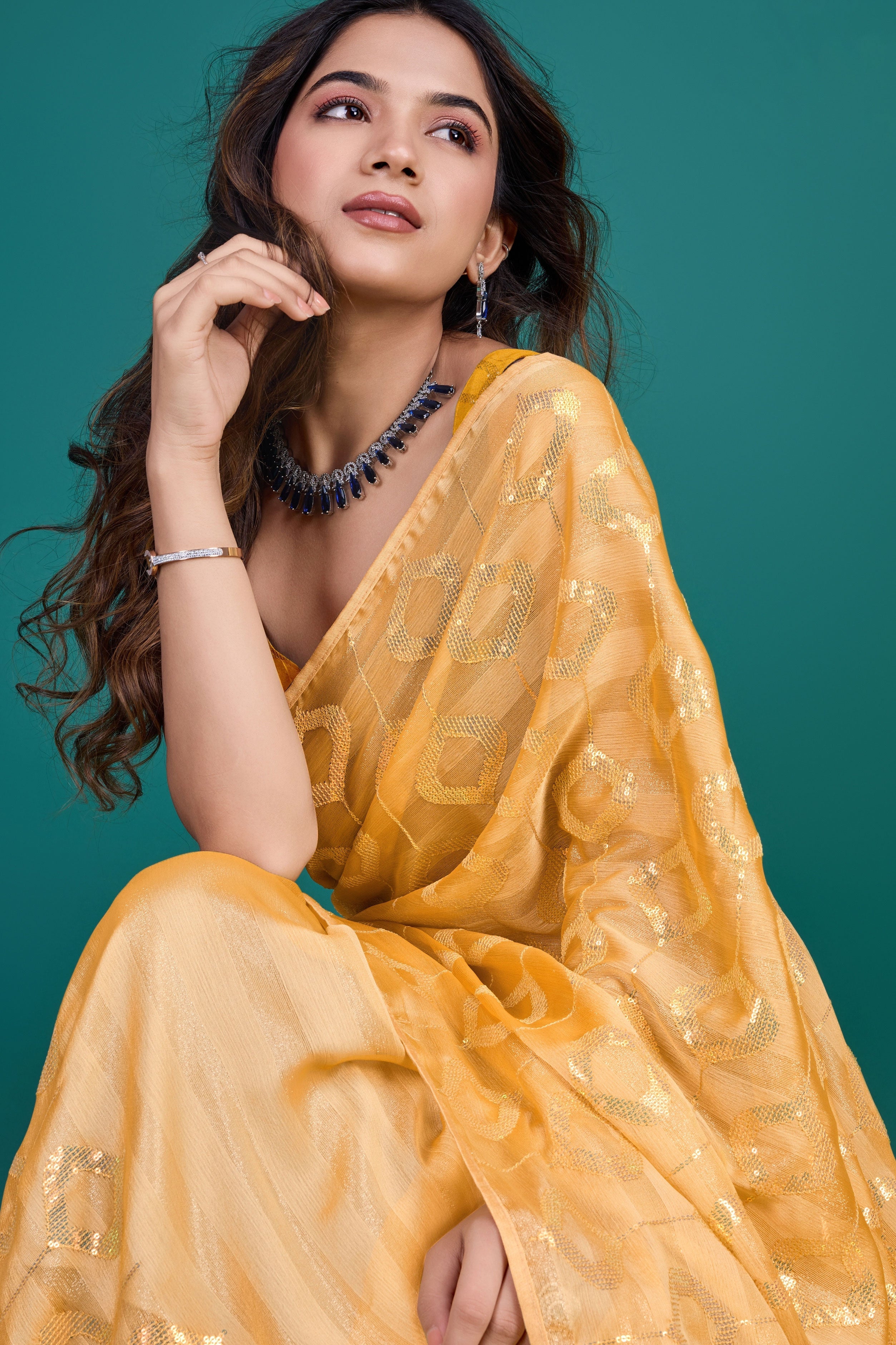 Yellow - Orange Sequins outlets Buta Saree