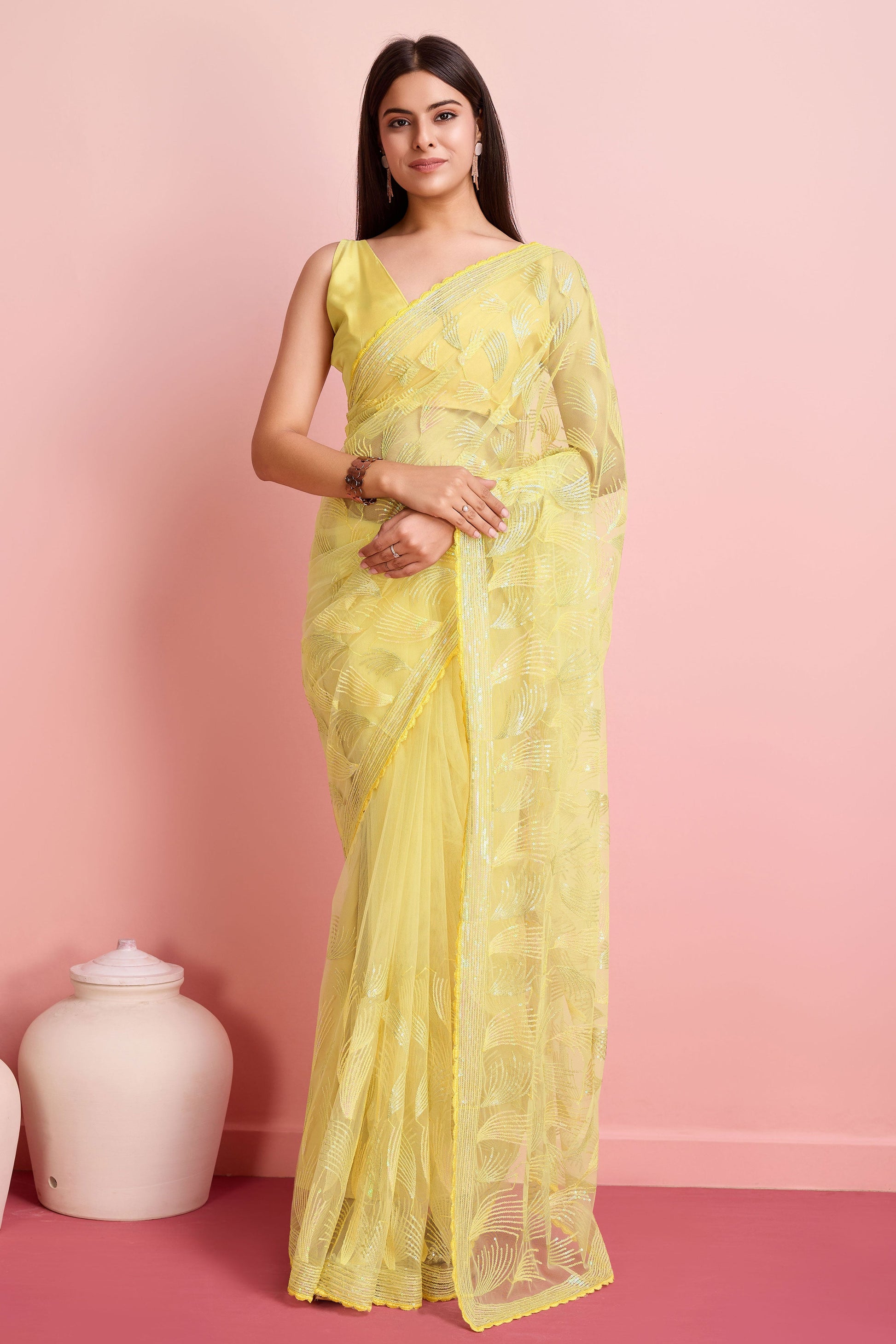 yellow-sequined-net-saree-zb131831_1_SareeButa.com