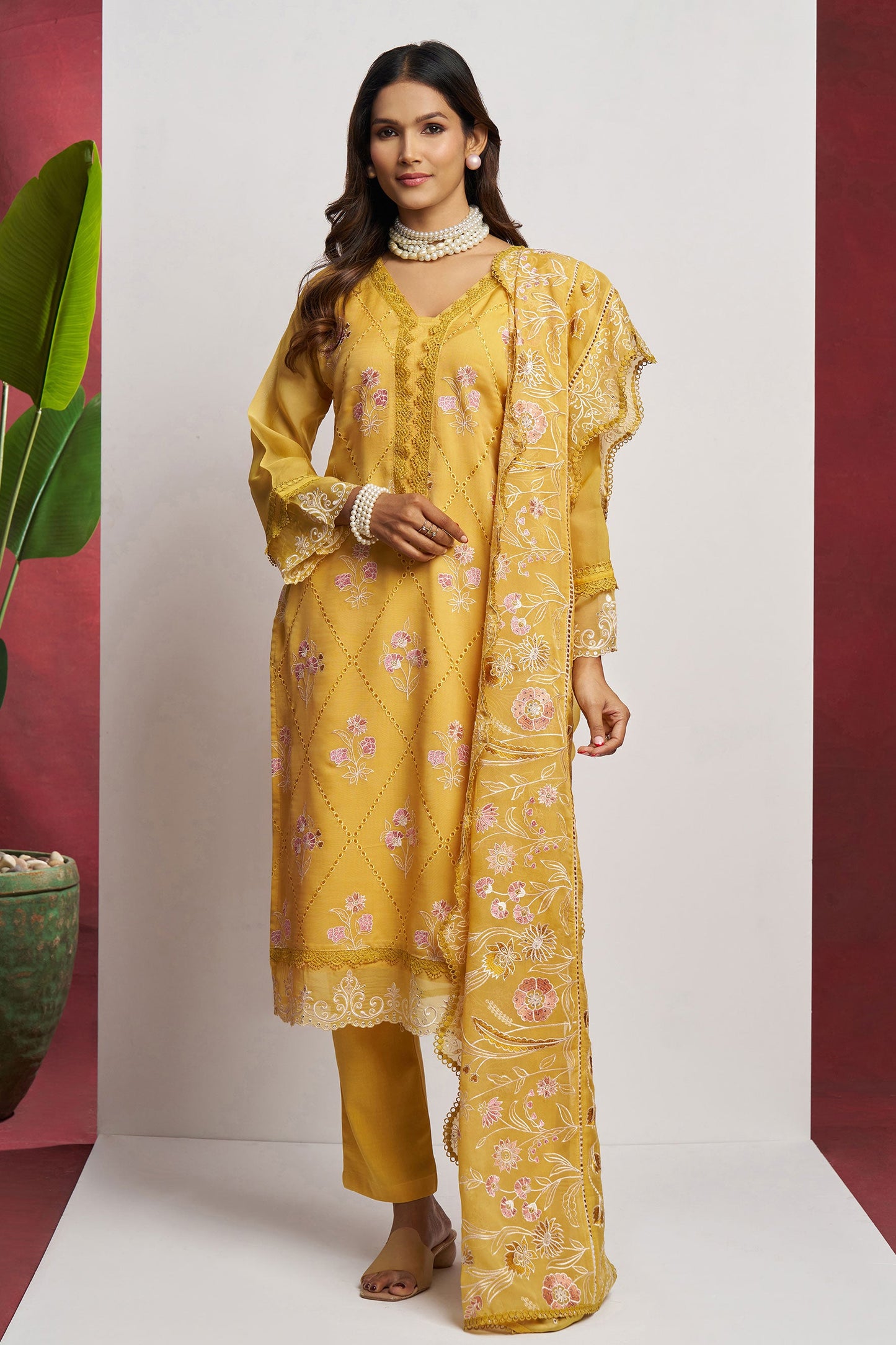 Yellow Unstitched Embroidered Organza Salwar Suit-SS178_1_SareeButa.com