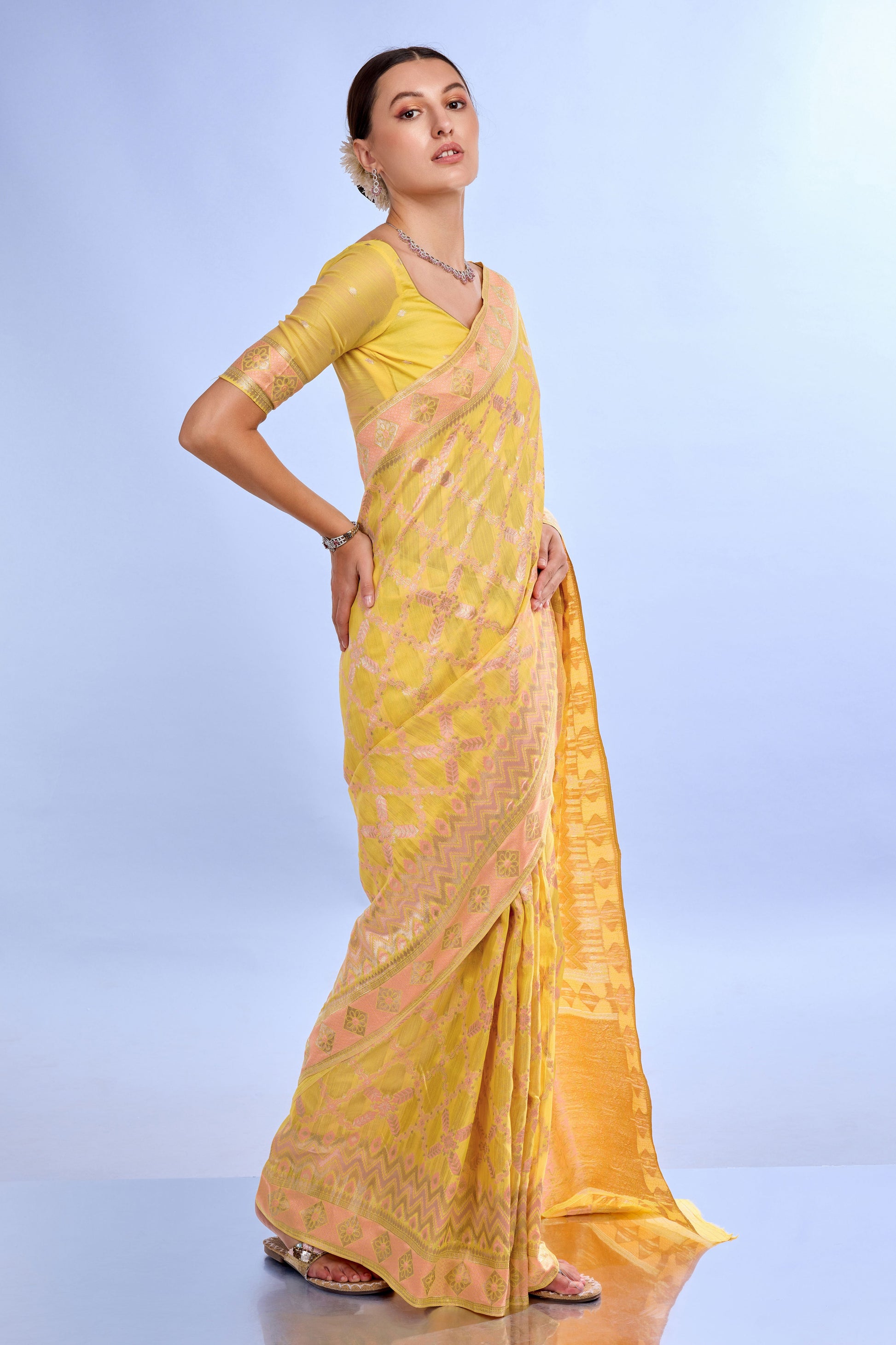 Yellow Woven Linen Saree-ZB132206_3