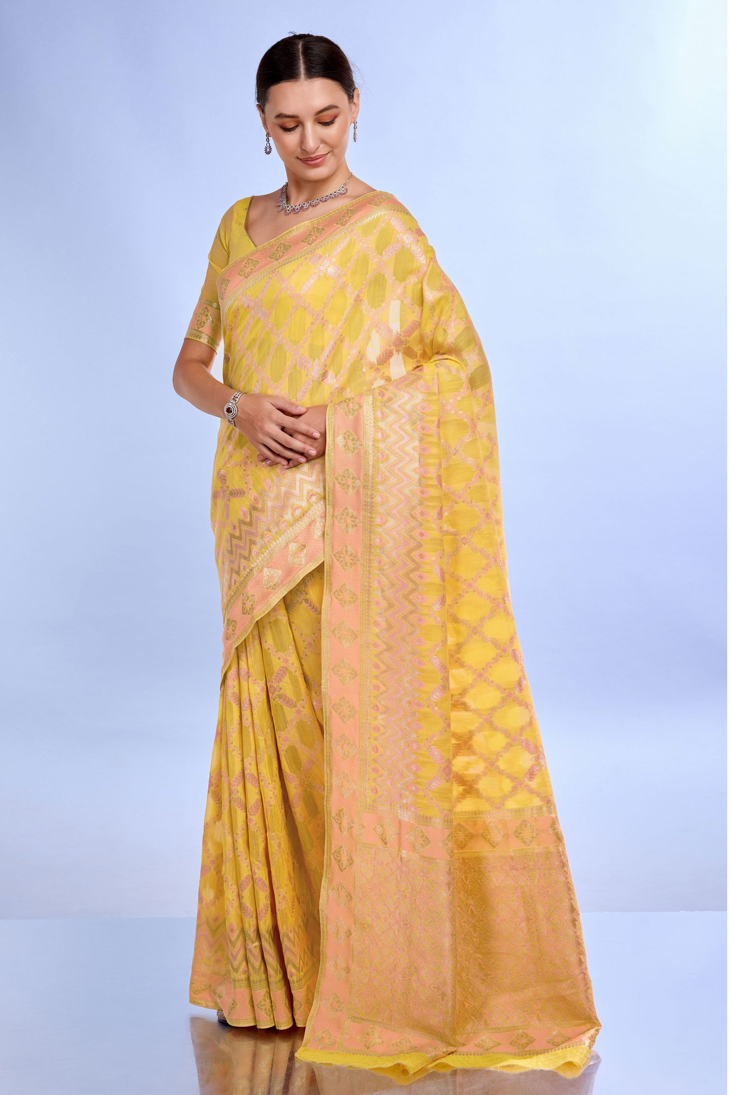 Yellow Woven Linen Saree-ZB132206_4