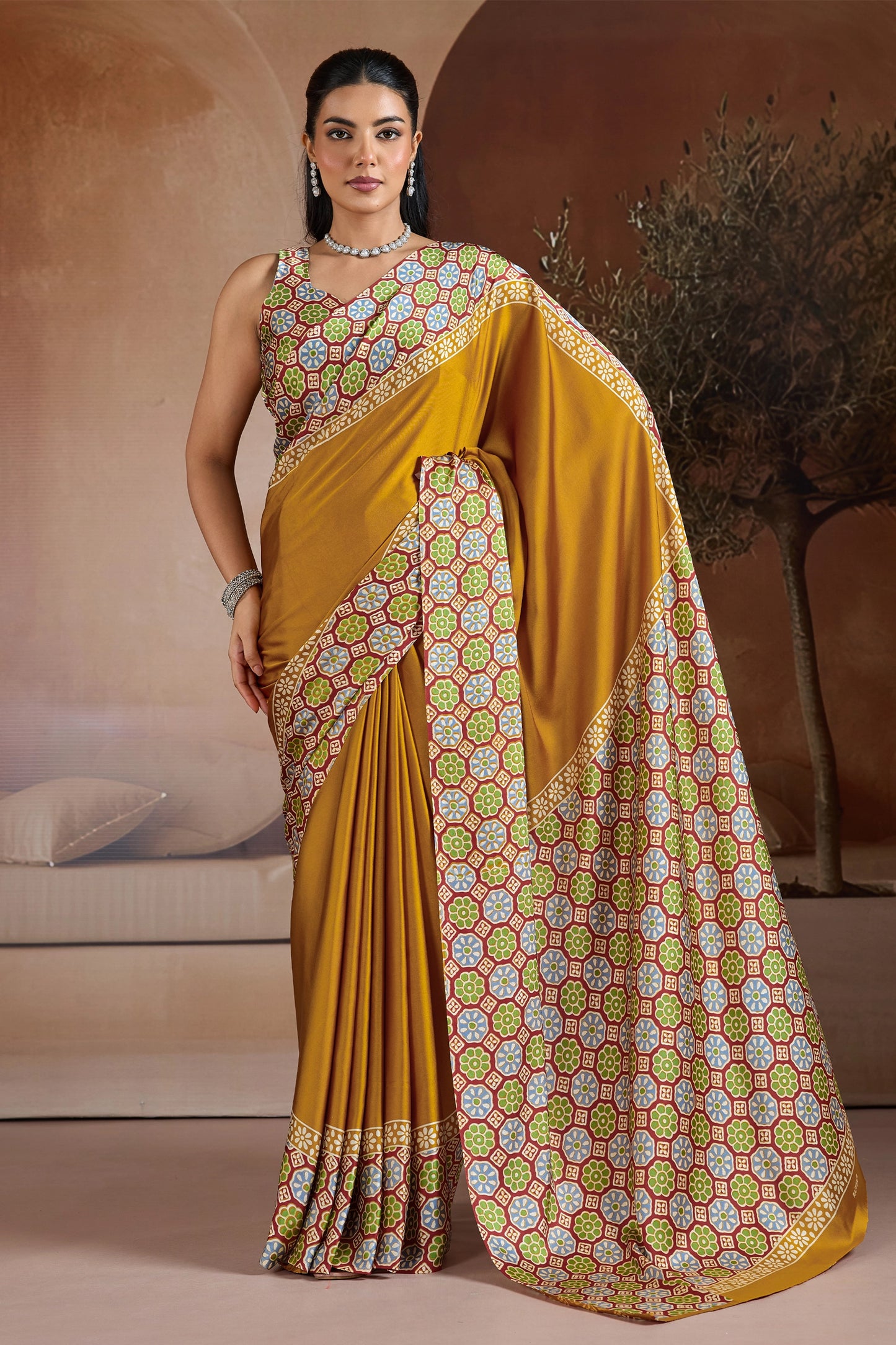 Yellow Ajrakh Print Satin Saree-SAR11841_1_SareeButa.com