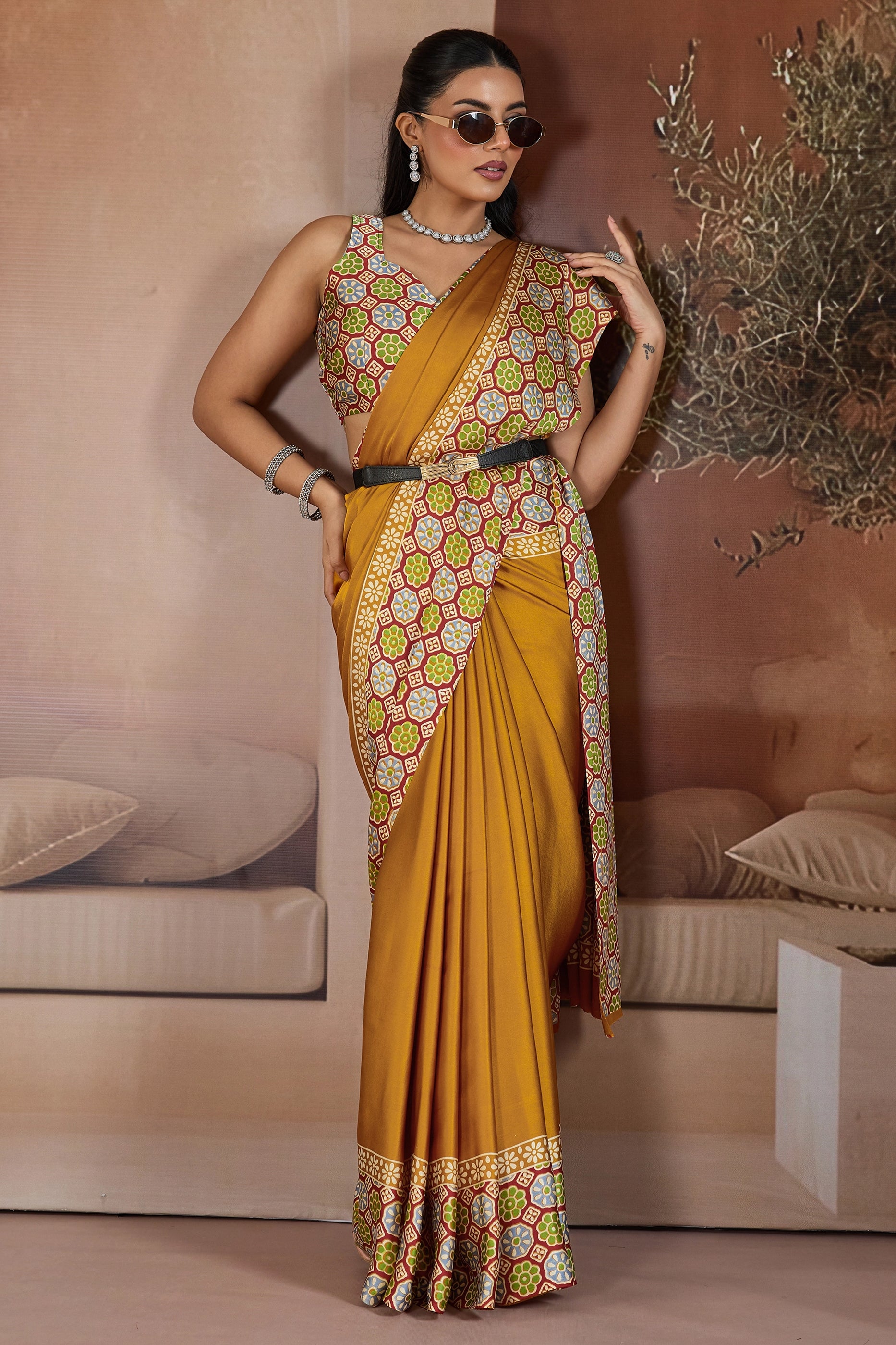 Yellow Ajrakh Print Satin Saree-SAR11841_3_SareeButa.com