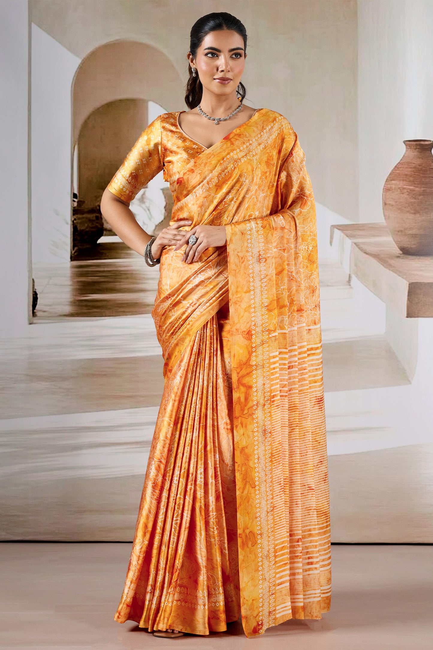 Yellow Ajrakh Print Satin Saree-SAR11907_1_SareeButa.com