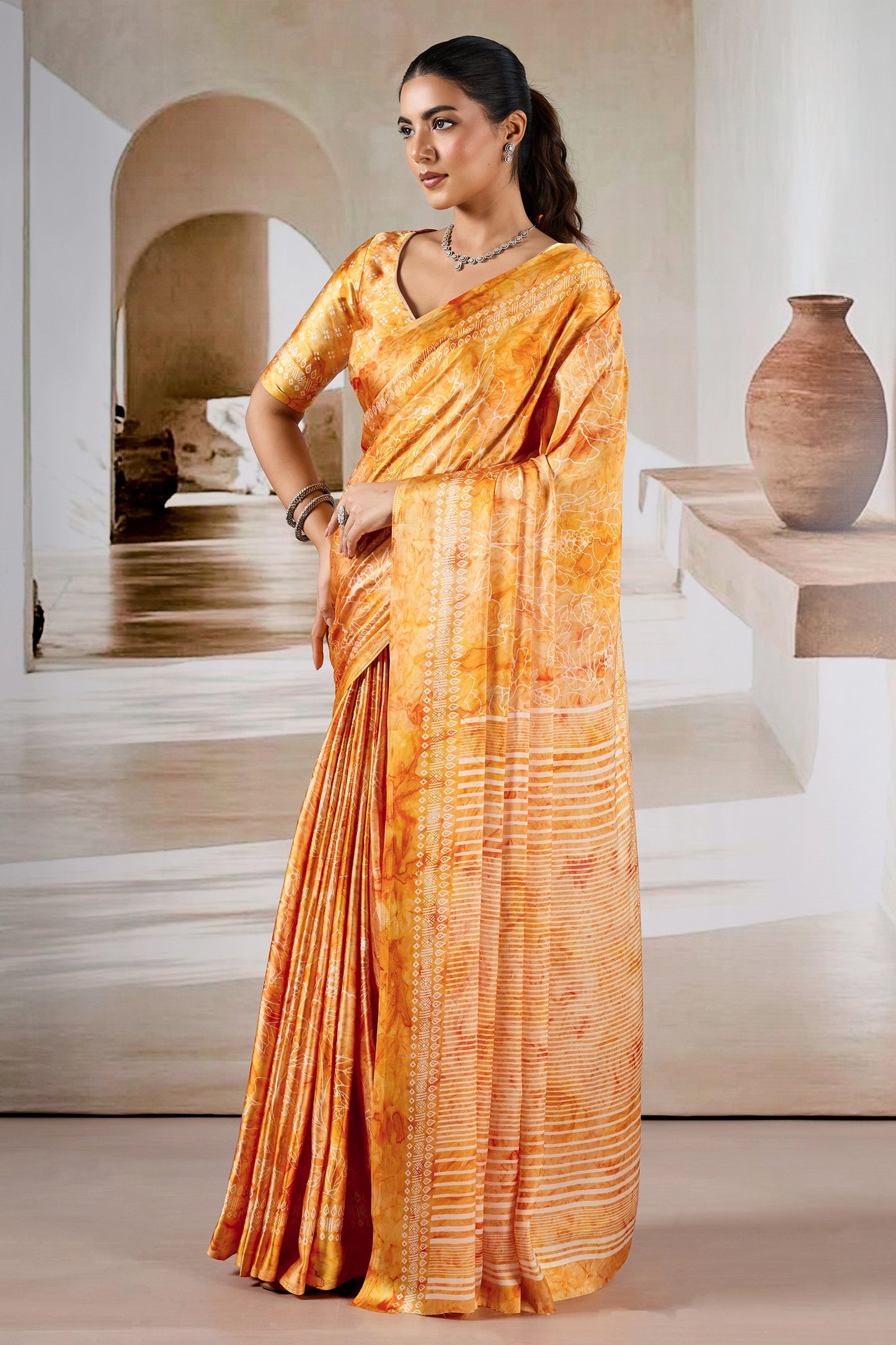 Yellow Ajrakh Print Satin Saree-SAR11907_3_SareeButa.com