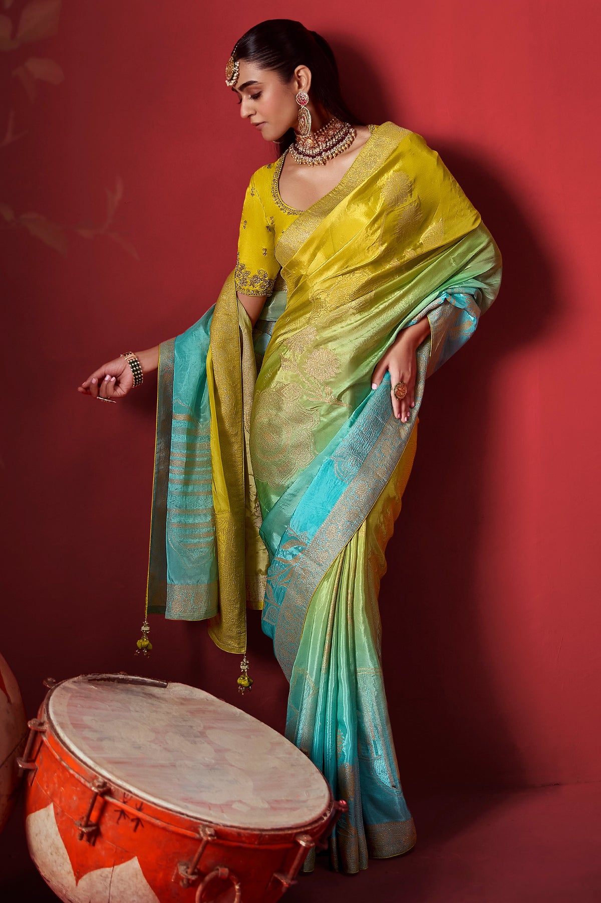 Yellow And Blue Woven Dola Crepe Silk Saree-SAR13417_4_SareeButa.com