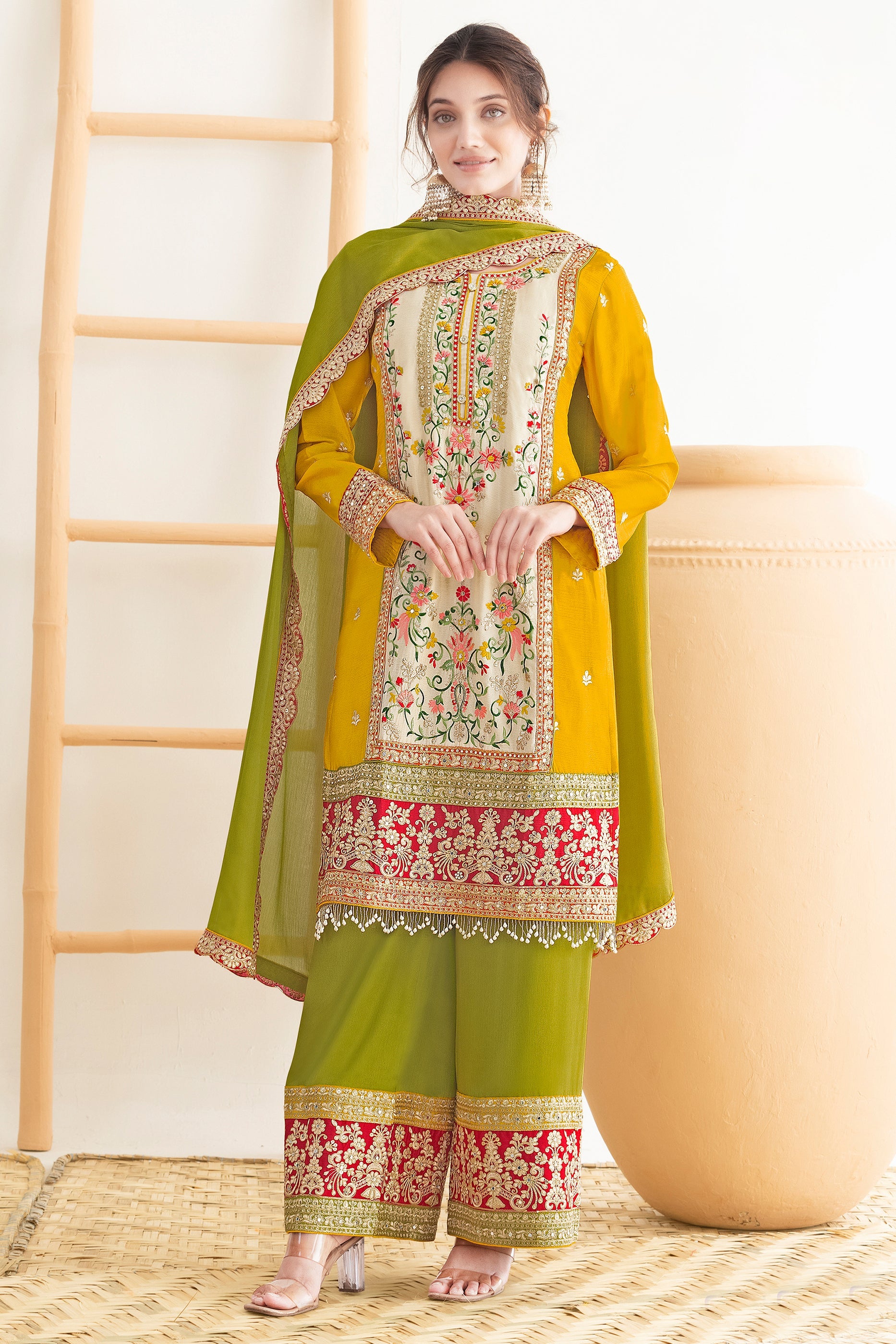Yellow And Green Readymade Embroidered Chinon Suit-SAR11108_1_SareeButa.com