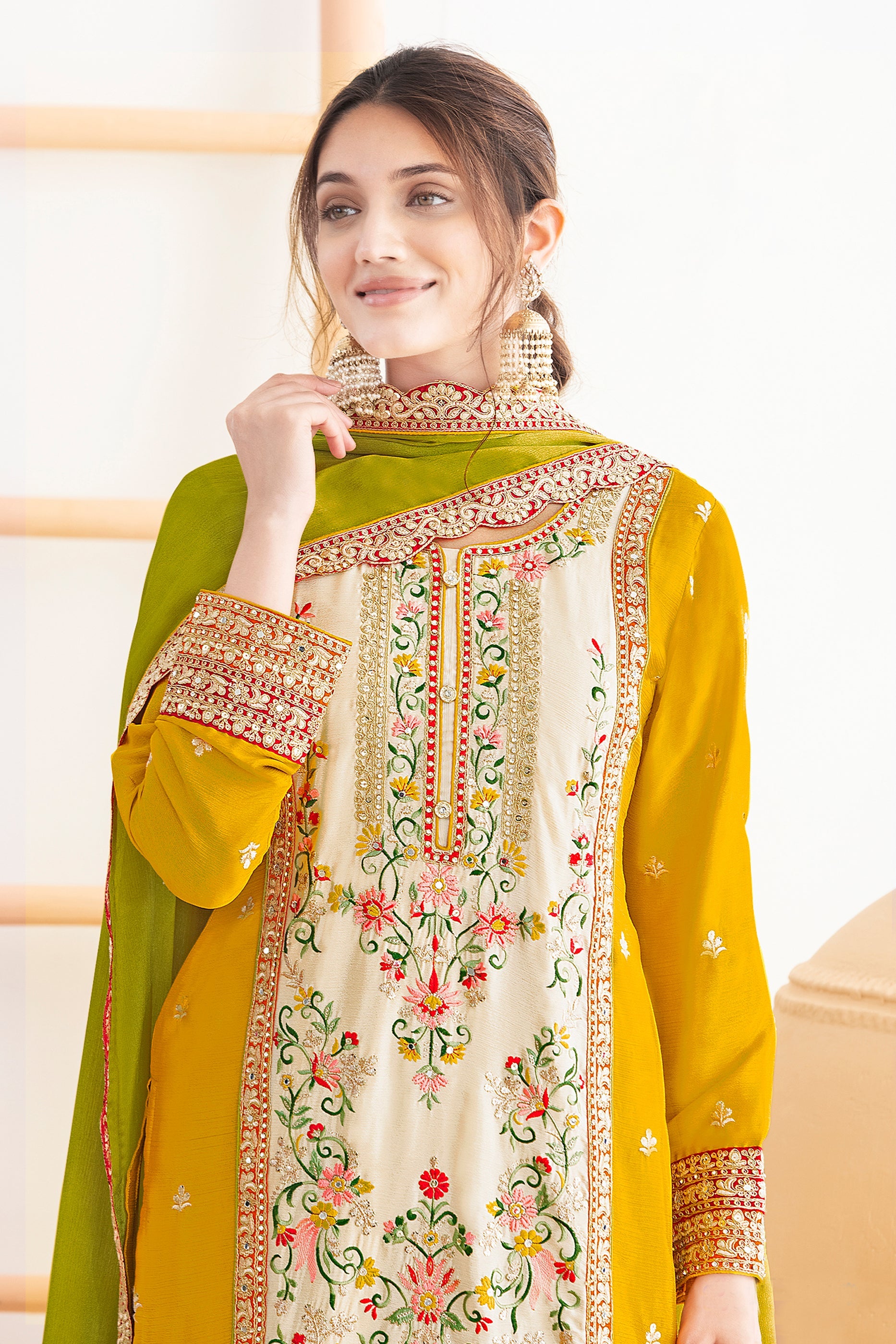 Yellow And Green Readymade Embroidered Chinon Suit-SAR11108_2_SareeButa.com