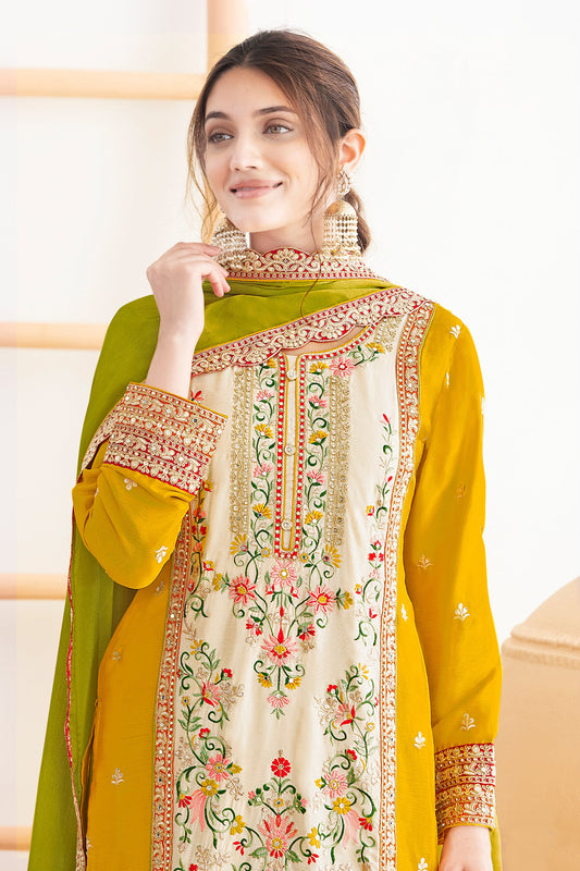 Yellow And Green Readymade Embroidered Chinon Suit-SAR11108_2_SareeButa.com