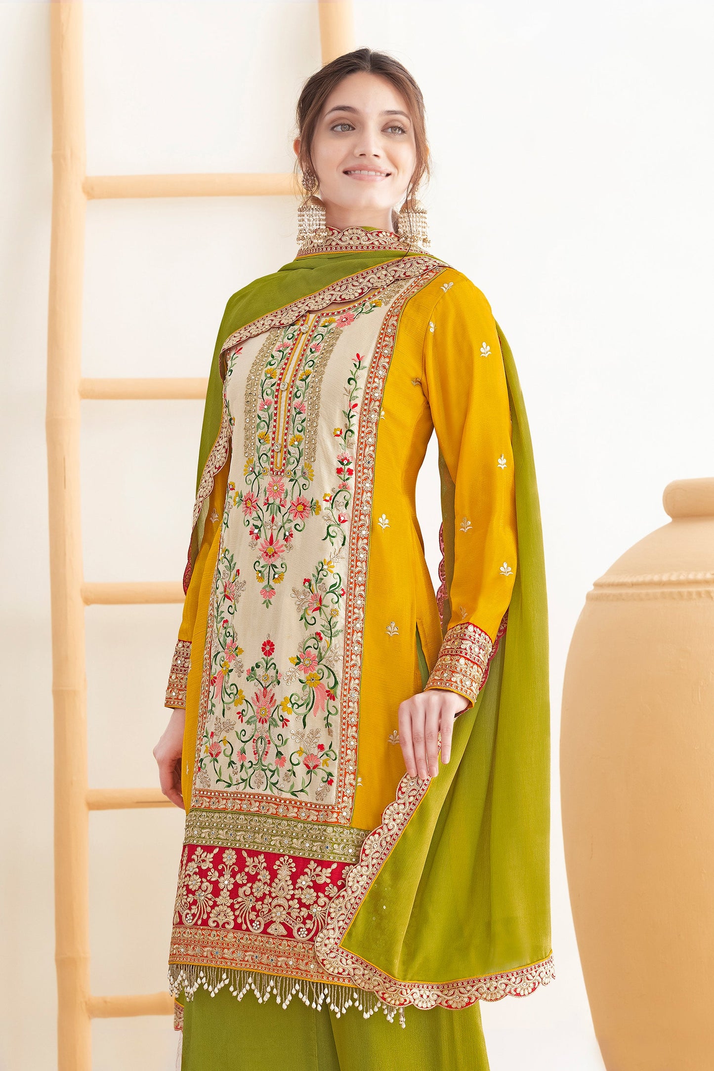 Yellow And Green Readymade Embroidered Chinon Suit-SAR11108_3_SareeButa.com