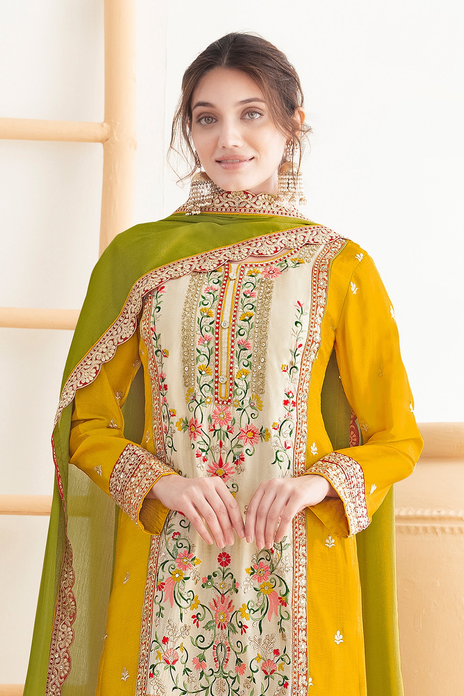Yellow And Green Readymade Embroidered Chinon Suit-SAR11108_4_SareeButa.com