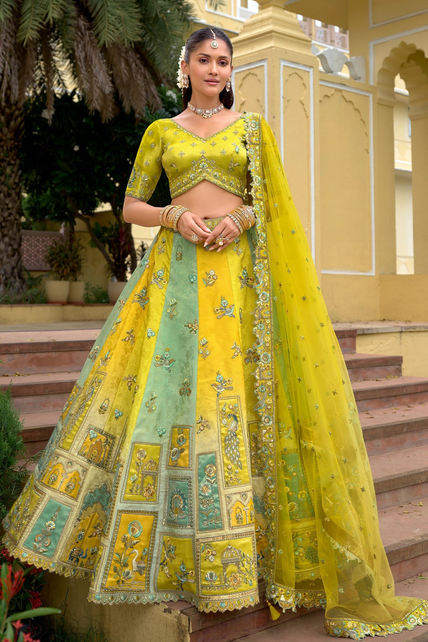 Yellow And Green Unstitched Embroidered Silk Lehenga-SAR11035_1_SareeButa.com
