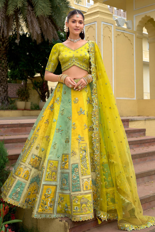 Yellow And Green Unstitched Embroidered Silk Lehenga-SAR11035_1_SareeButa.com