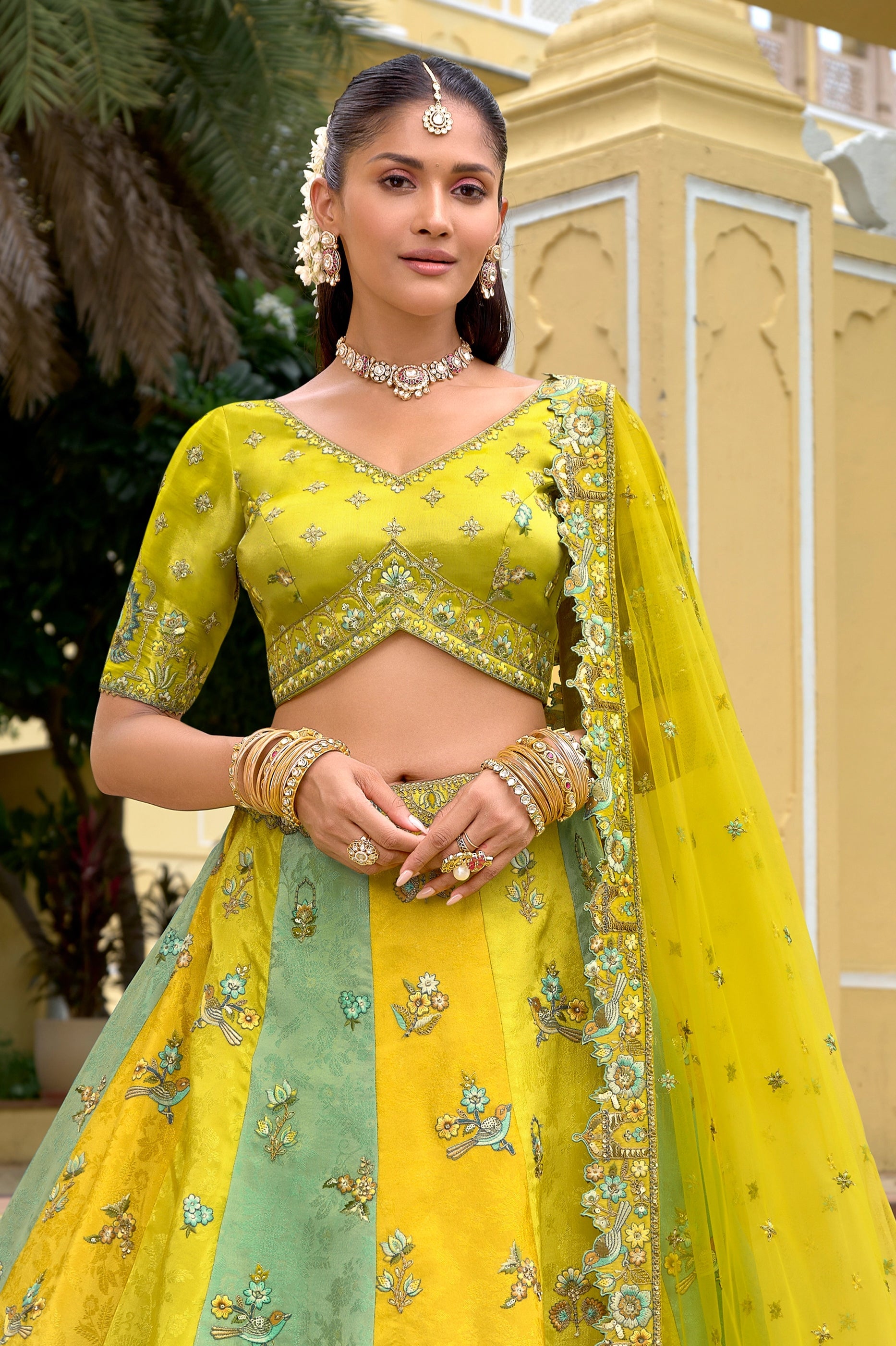 Yellow And Green Unstitched Embroidered Silk Lehenga-SAR11035_3_SareeButa.com