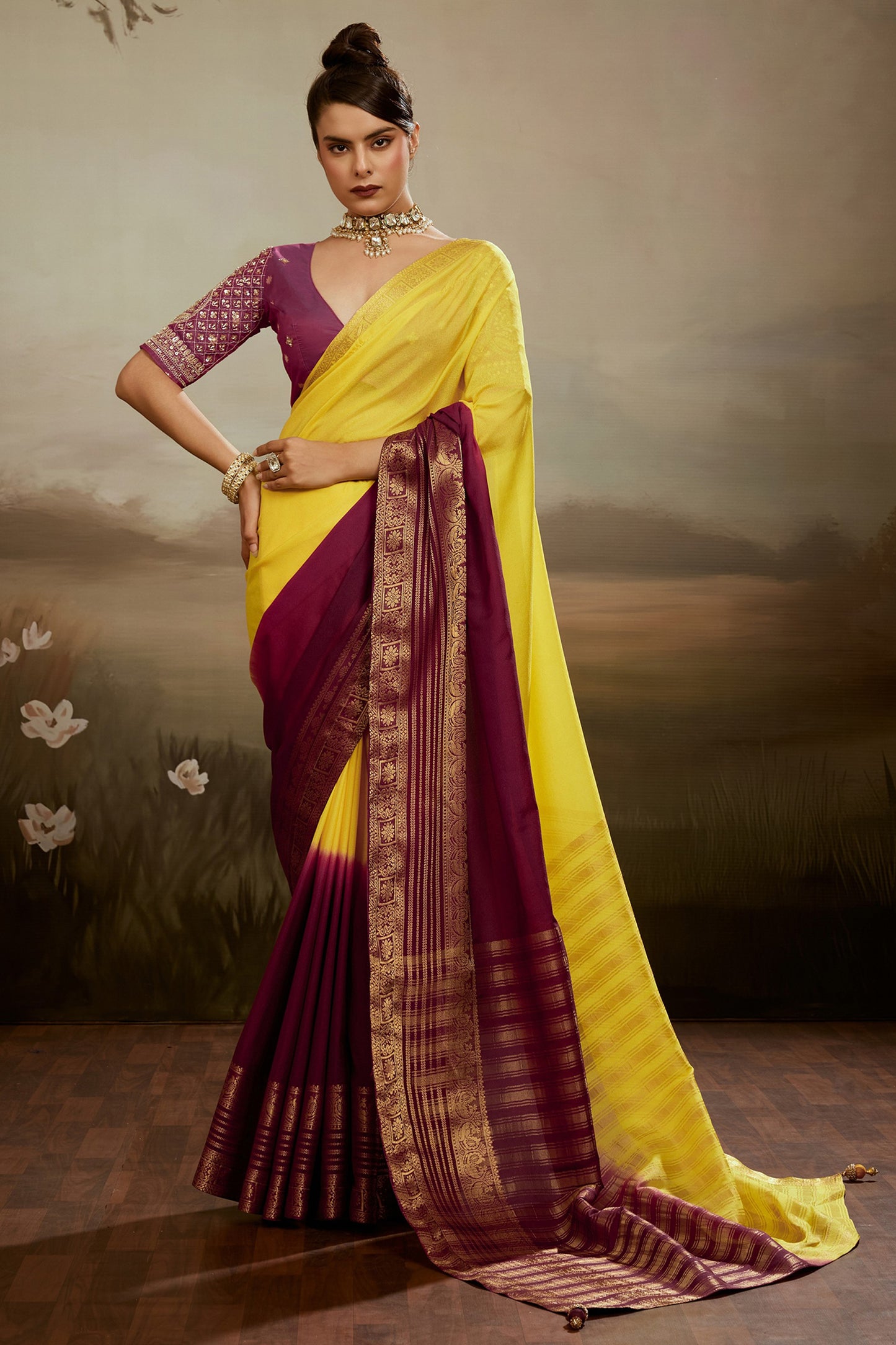 Yellow And Maroon Ombre Chiffon Saree-SAR12573_1_SareeButa.com