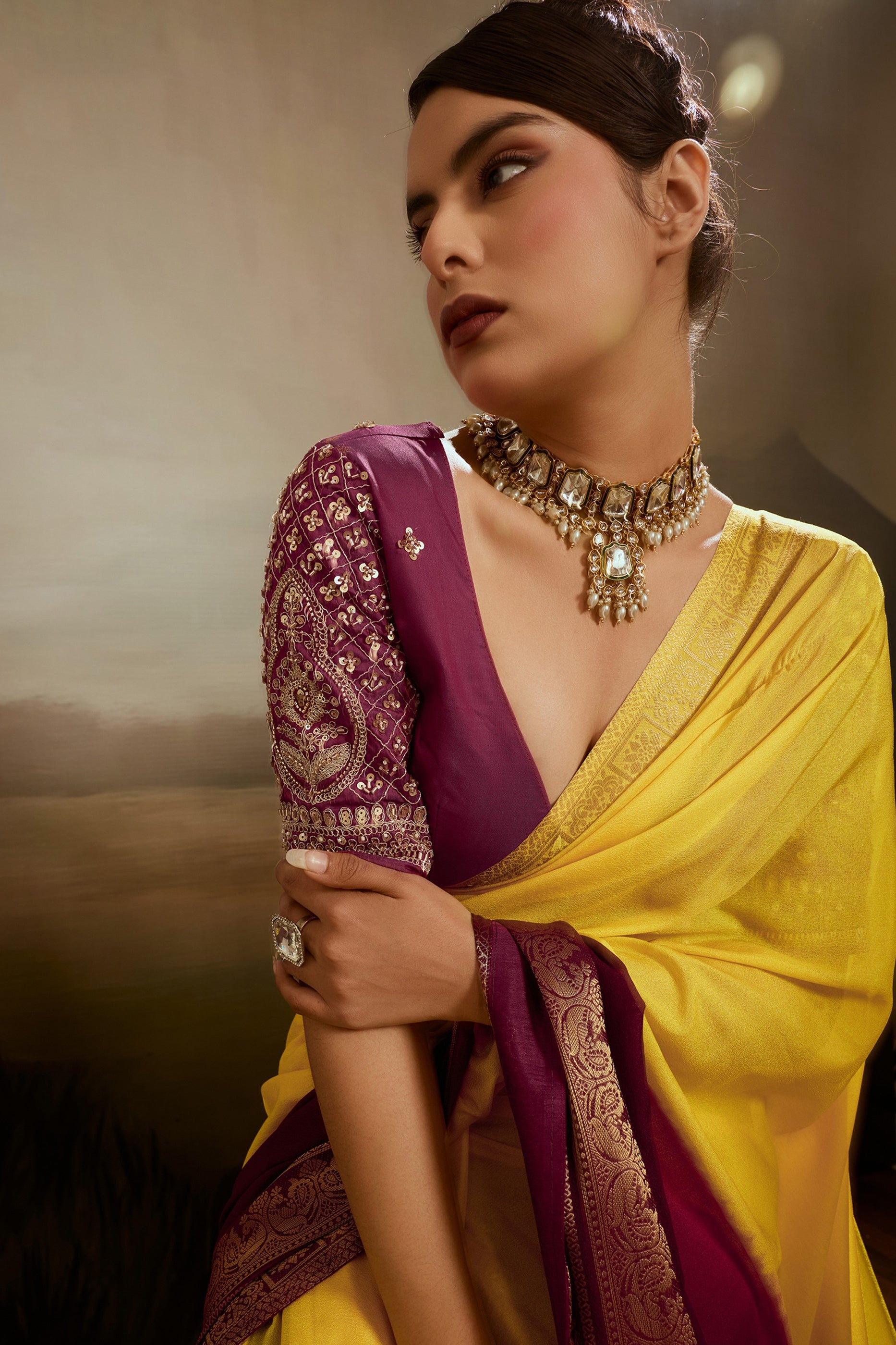 Yellow And Maroon Ombre Chiffon Saree-SAR12573_2_SareeButa.com