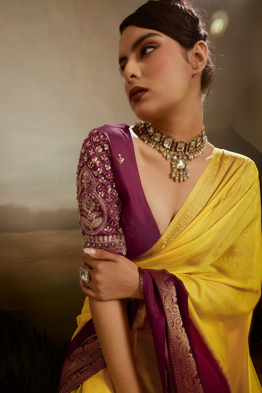 Yellow And Maroon Ombre Chiffon Saree-SAR12573_2_SareeButa.com