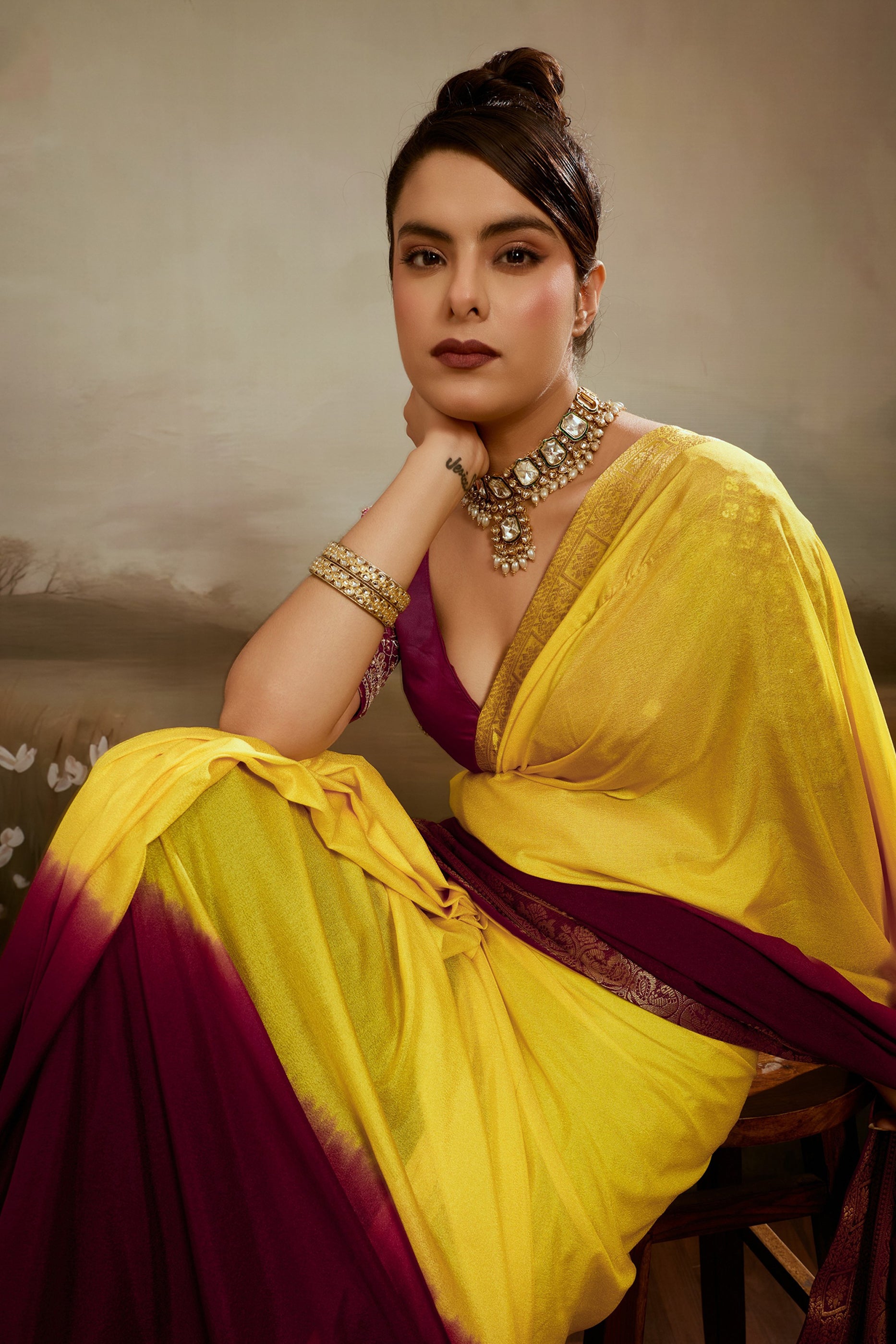 Yellow And Maroon Ombre Chiffon Saree-SAR12573_3_SareeButa.com