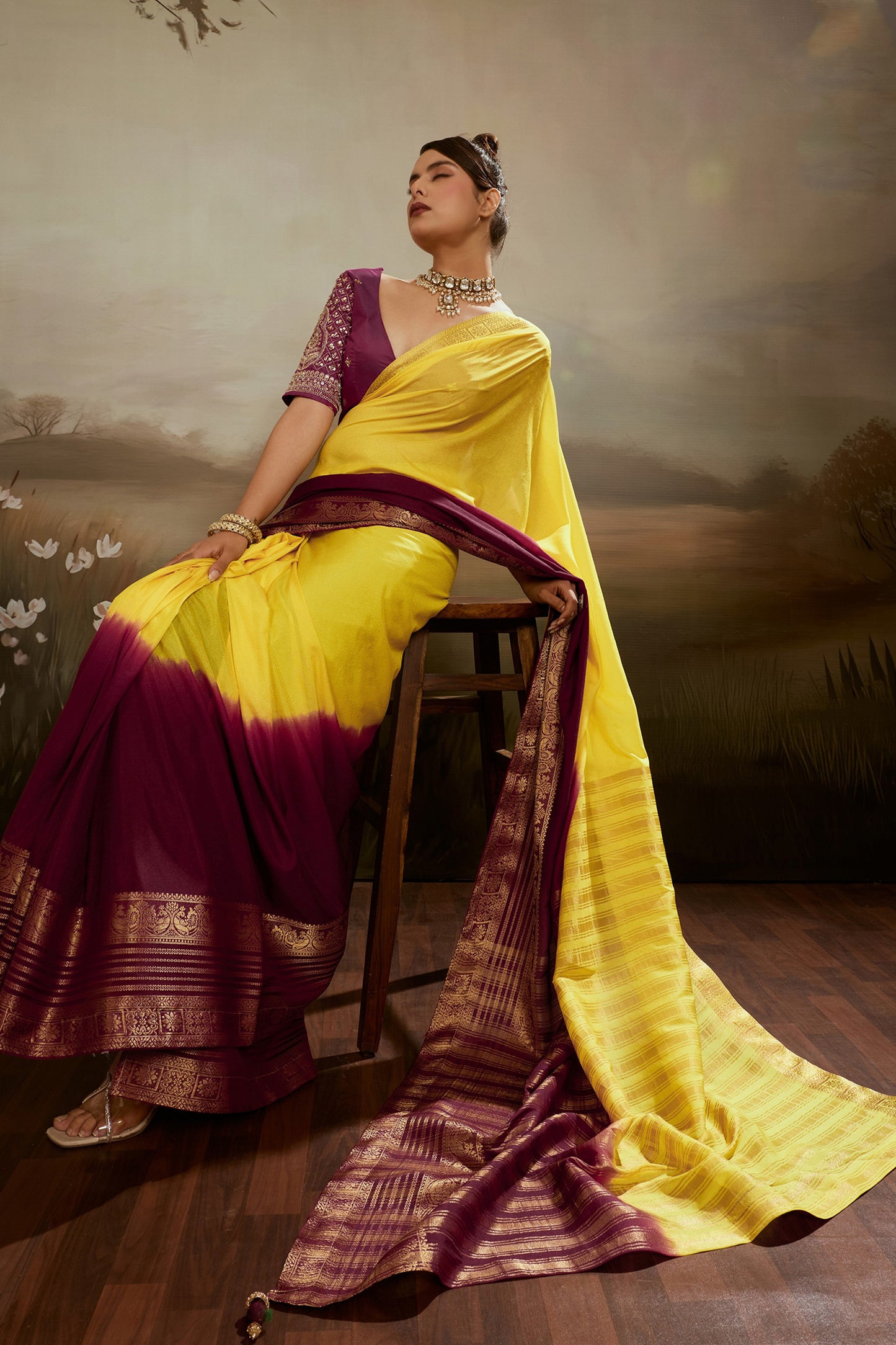 Yellow And Maroon Ombre Chiffon Saree-SAR12573_4_SareeButa.com