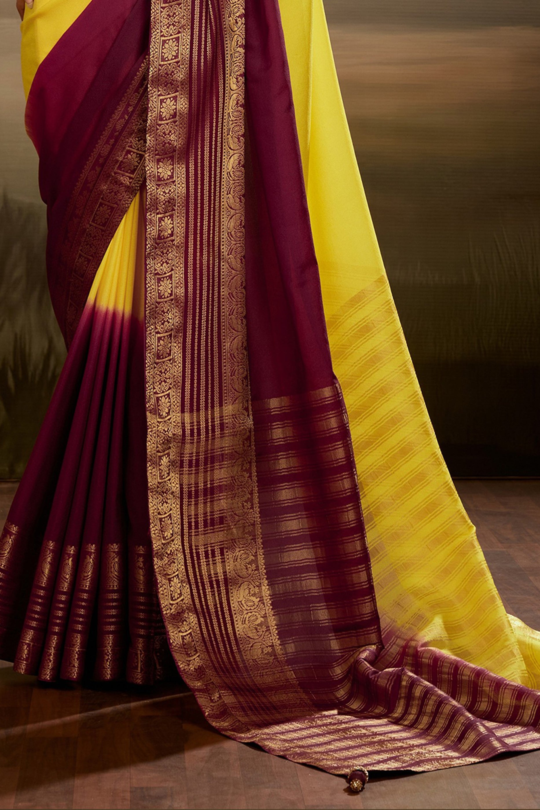 Yellow And Maroon Ombre Chiffon Saree-SAR12573_5_SareeButa.com