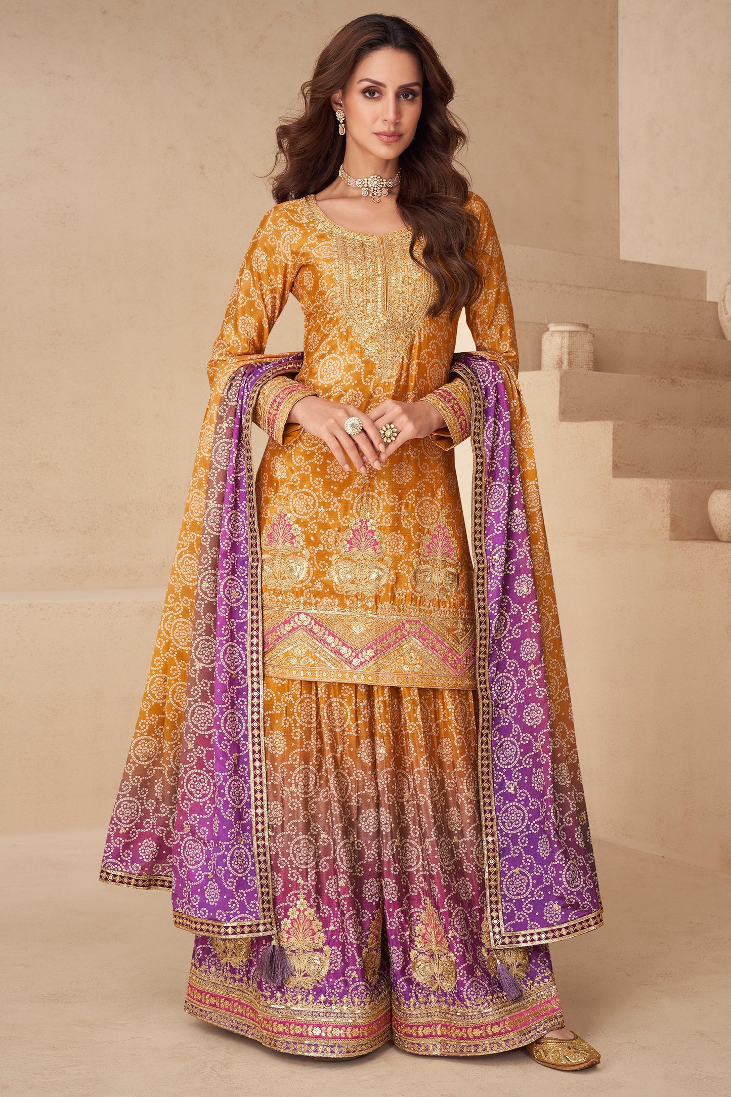 Yellow And Purple Readymade Embroidered Chinon Suit-SAR10789_1_SareeButa.com