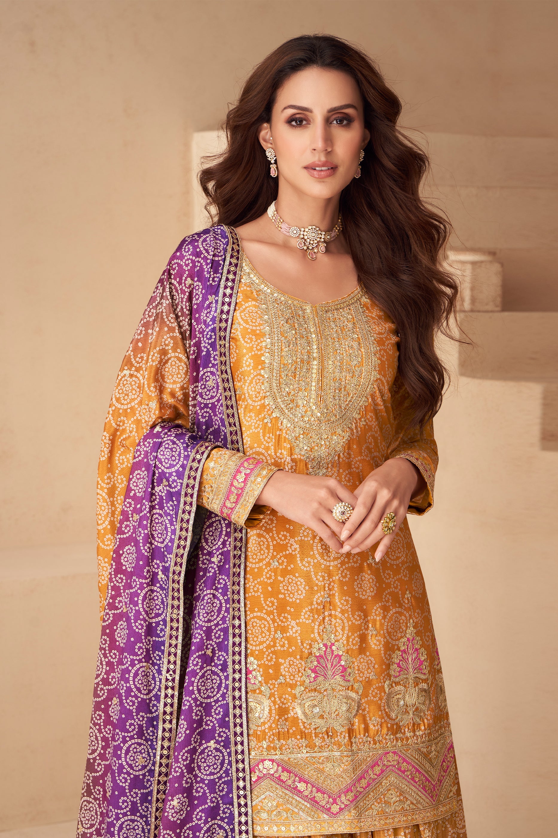 Yellow And Purple Readymade Embroidered Chinon Suit-SAR10789_2_SareeButa.com