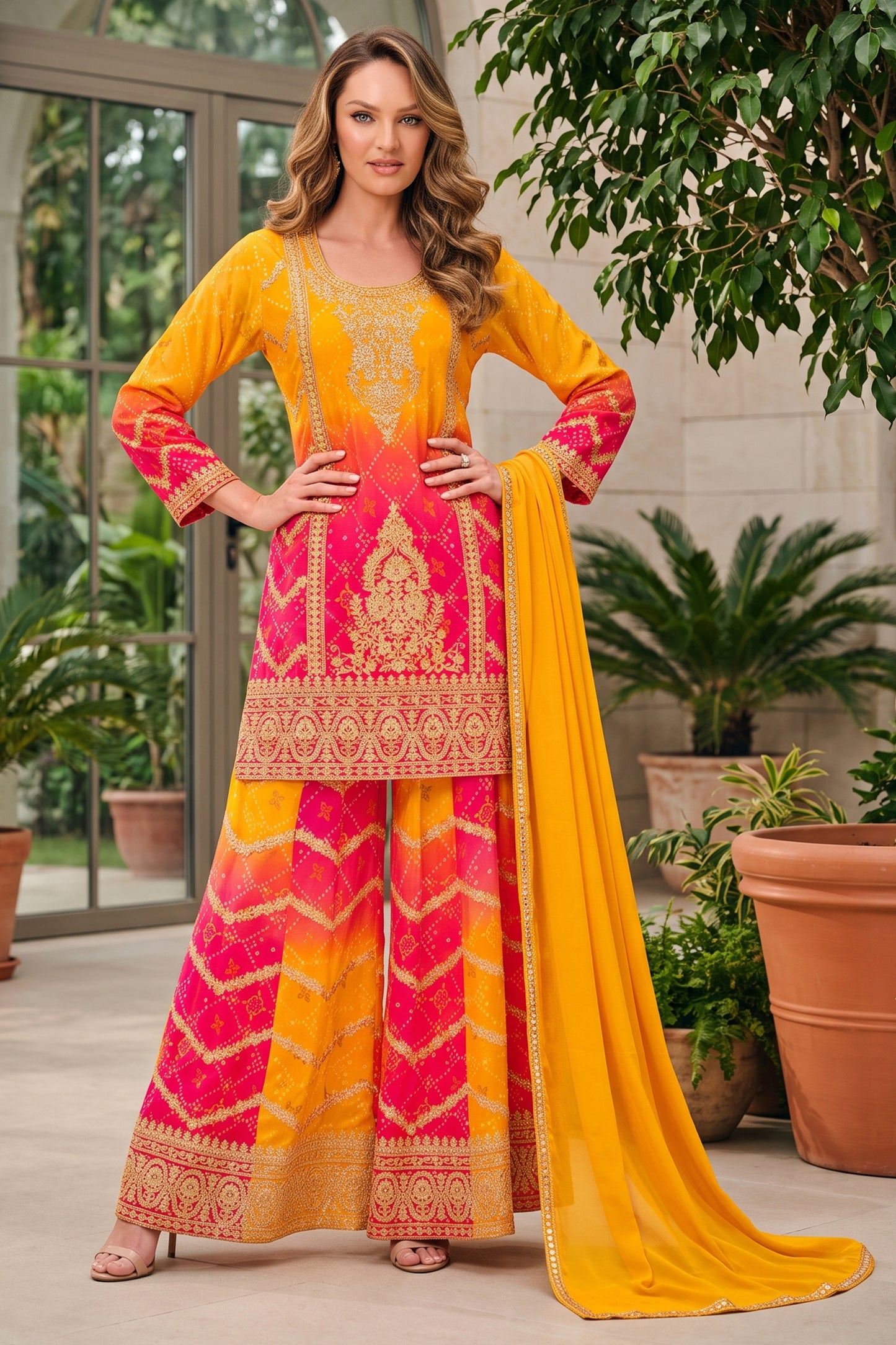 Yellow And Red Readymade Embroidered Chinon Suit-SAR12809_1_SareeButa.com