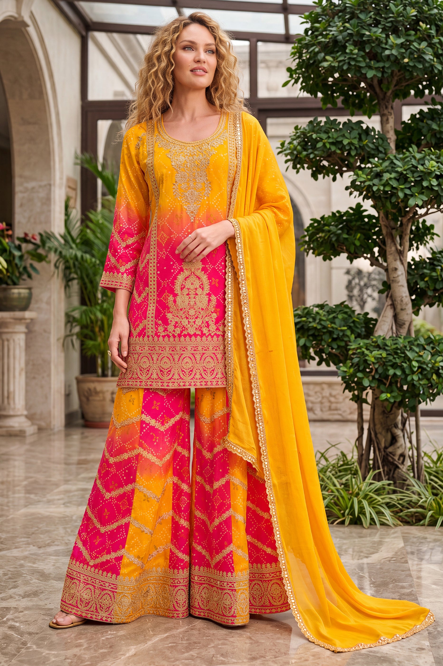 Yellow And Red Readymade Embroidered Chinon Suit-SAR12809_3_SareeButa.com