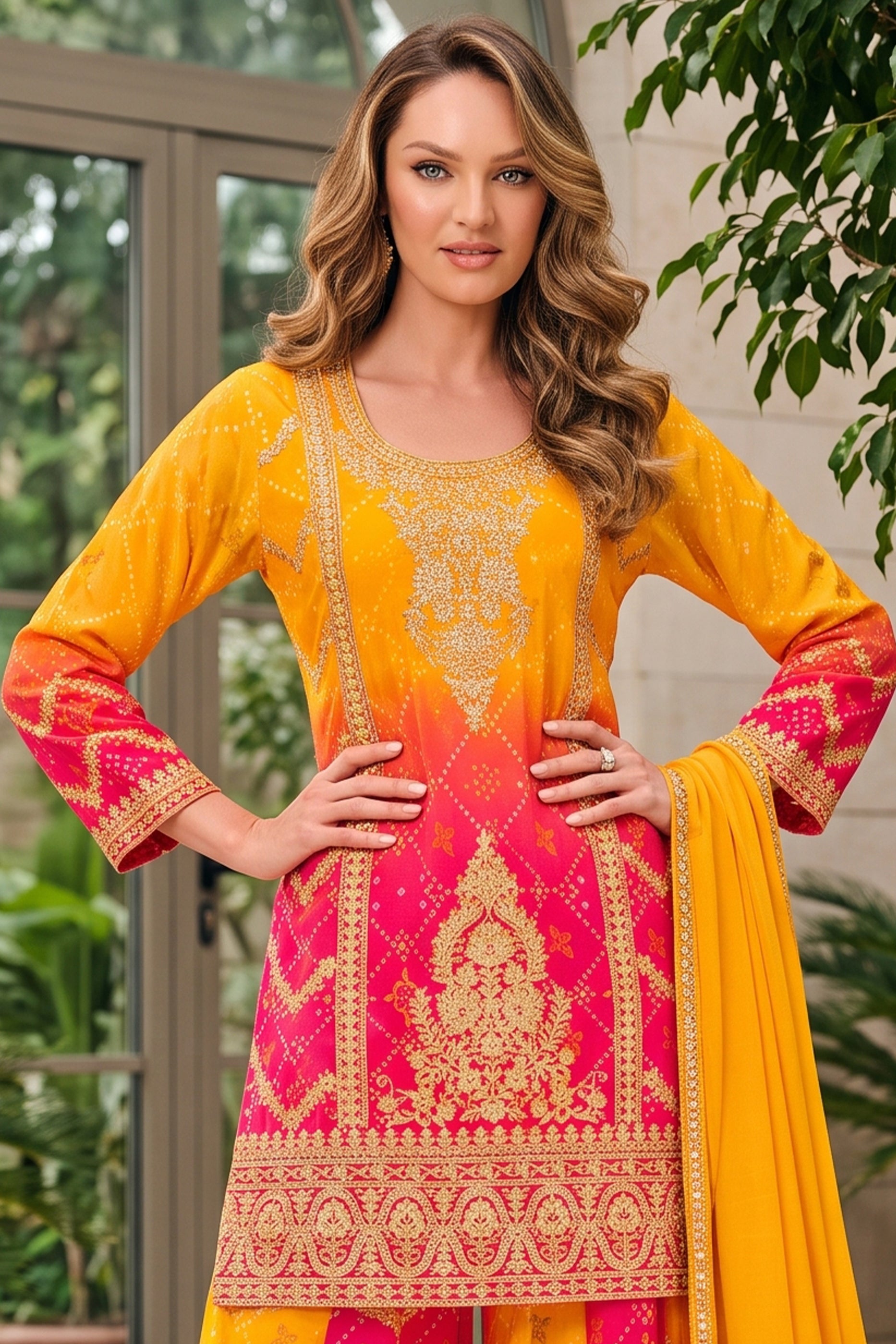 Yellow And Red Readymade Embroidered Chinon Suit-SAR12809_8_SareeButa.com