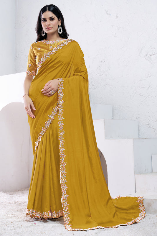 Yellow Embroidered Crepe Silk Saree