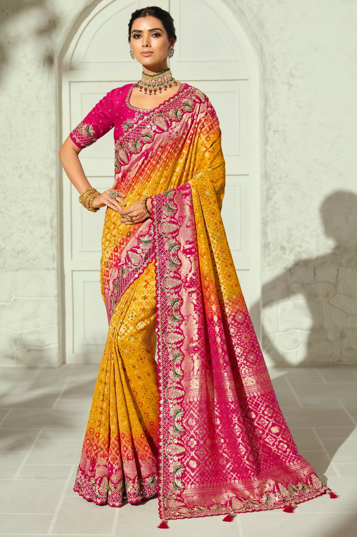 Yellow Embroidered Georgette Bandhej Saree-SAR13397_1_SareeButa.com