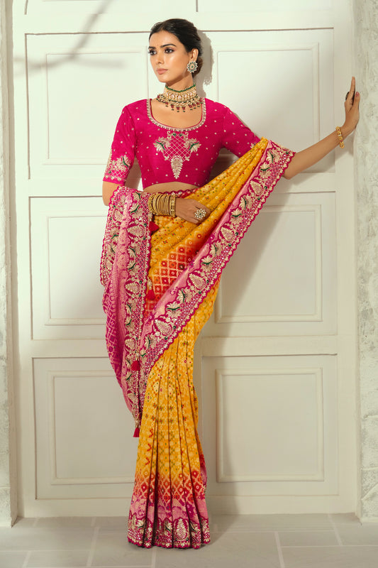 Yellow Embroidered Georgette Bandhej Saree-SAR13397_2_SareeButa.com
