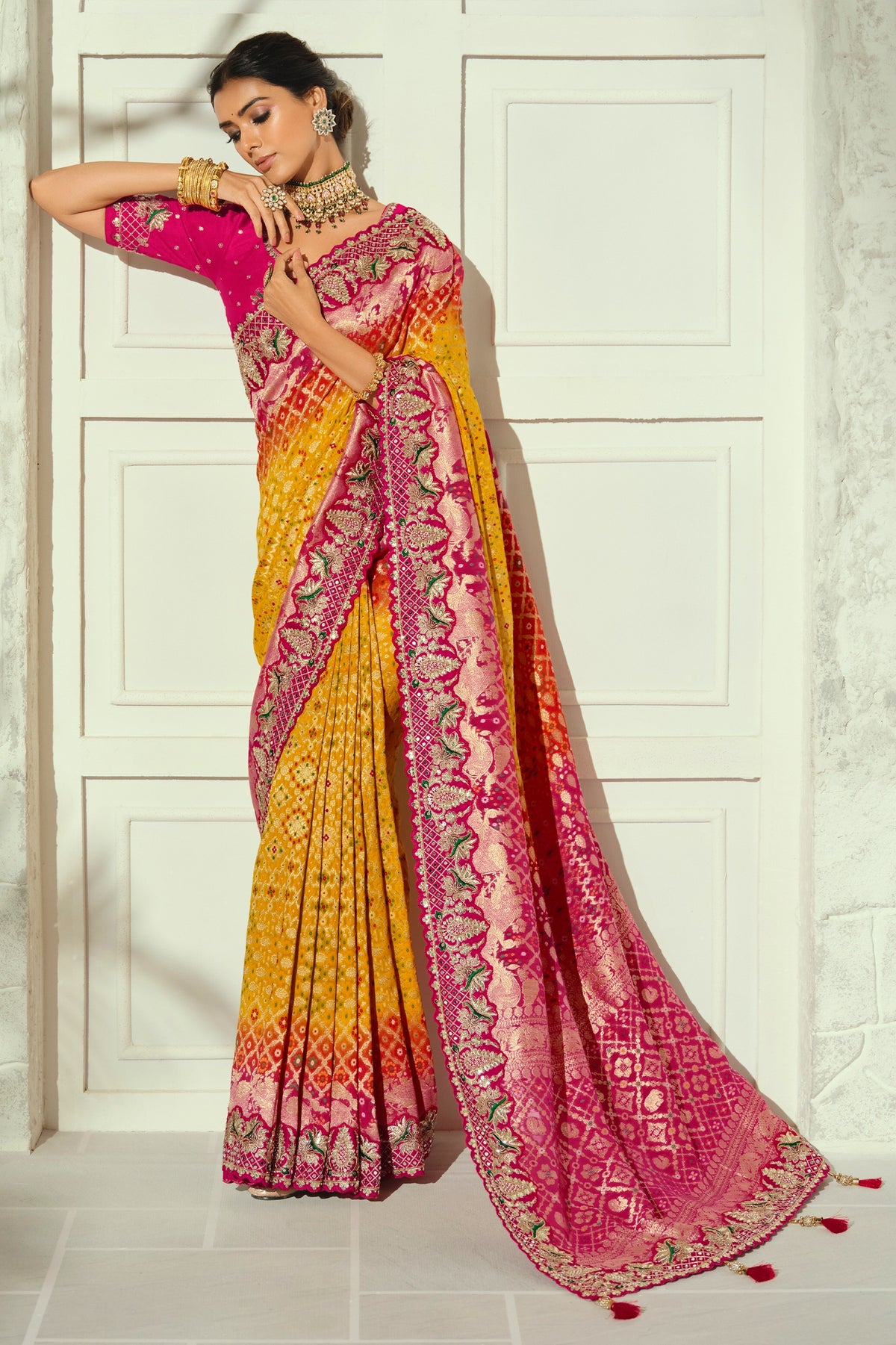 Yellow Embroidered Georgette Bandhej Saree-SAR13397_3_SareeButa.com