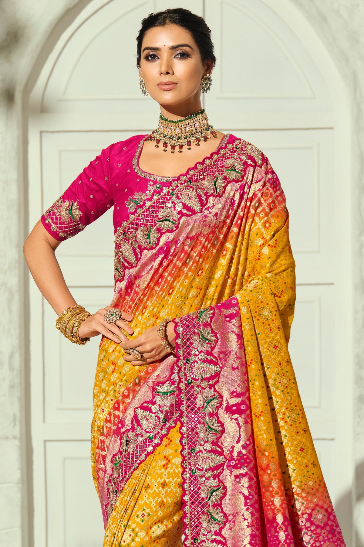 Yellow Embroidered Georgette Bandhej Saree-SAR13397_4_SareeButa.com
