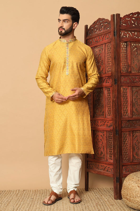 Yellow Embroidered Jacquard Kurta Pajama-MW2_1_SareeButa.com