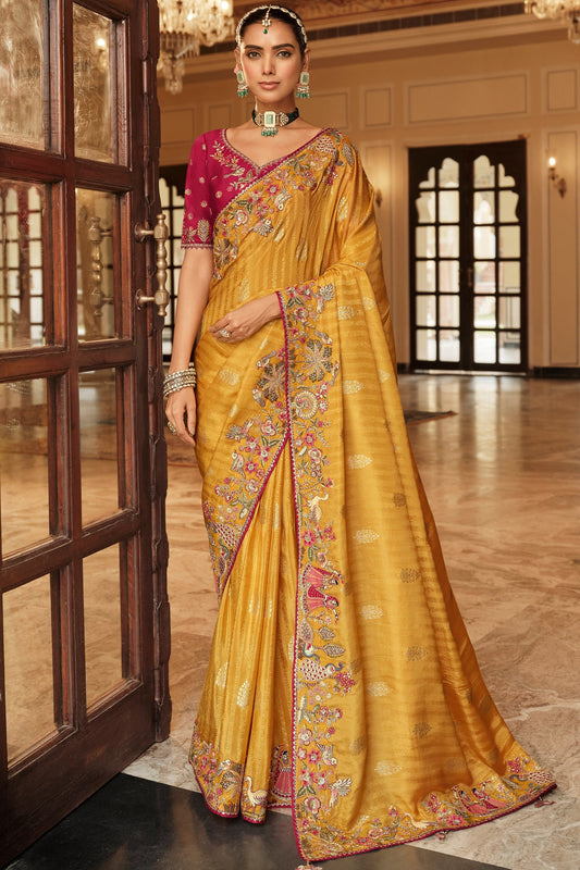 Yellow Embroidered Jacquard Viscose Silk Saree-SAR10365_1_SareeButa.com