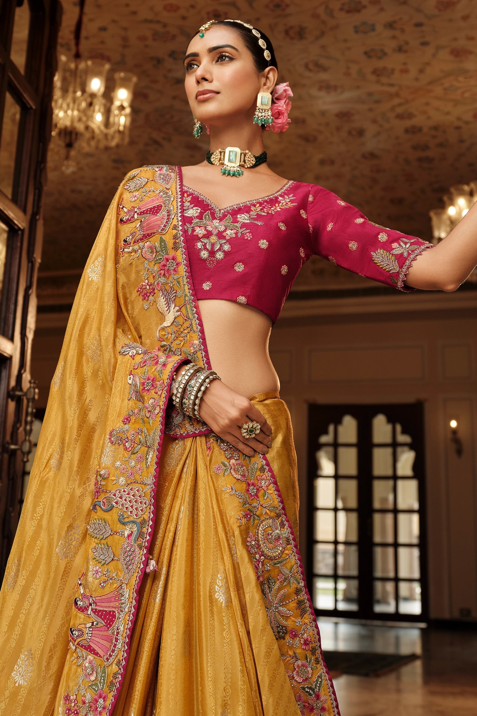 Yellow Embroidered Jacquard Viscose Silk Saree-SAR10365_2_SareeButa.com