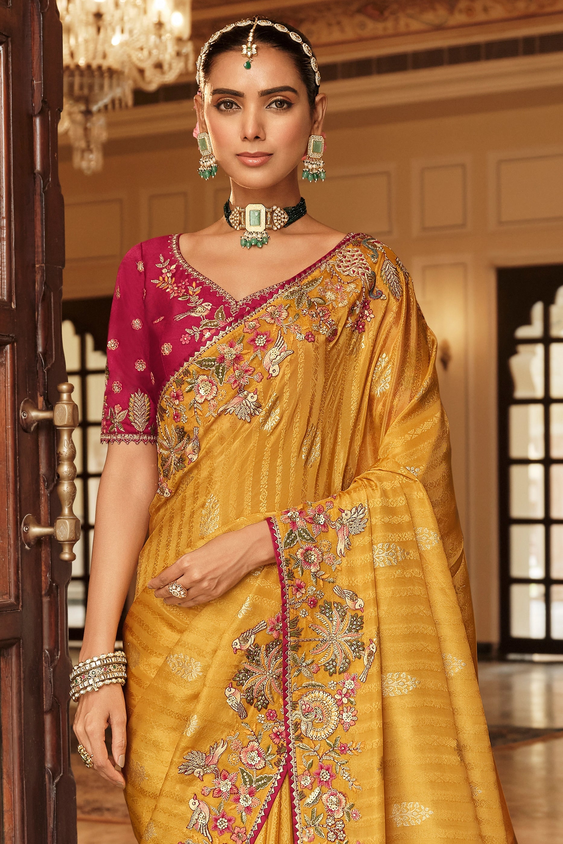 Yellow Embroidered Jacquard Viscose Silk Saree-SAR10365_3_SareeButa.com