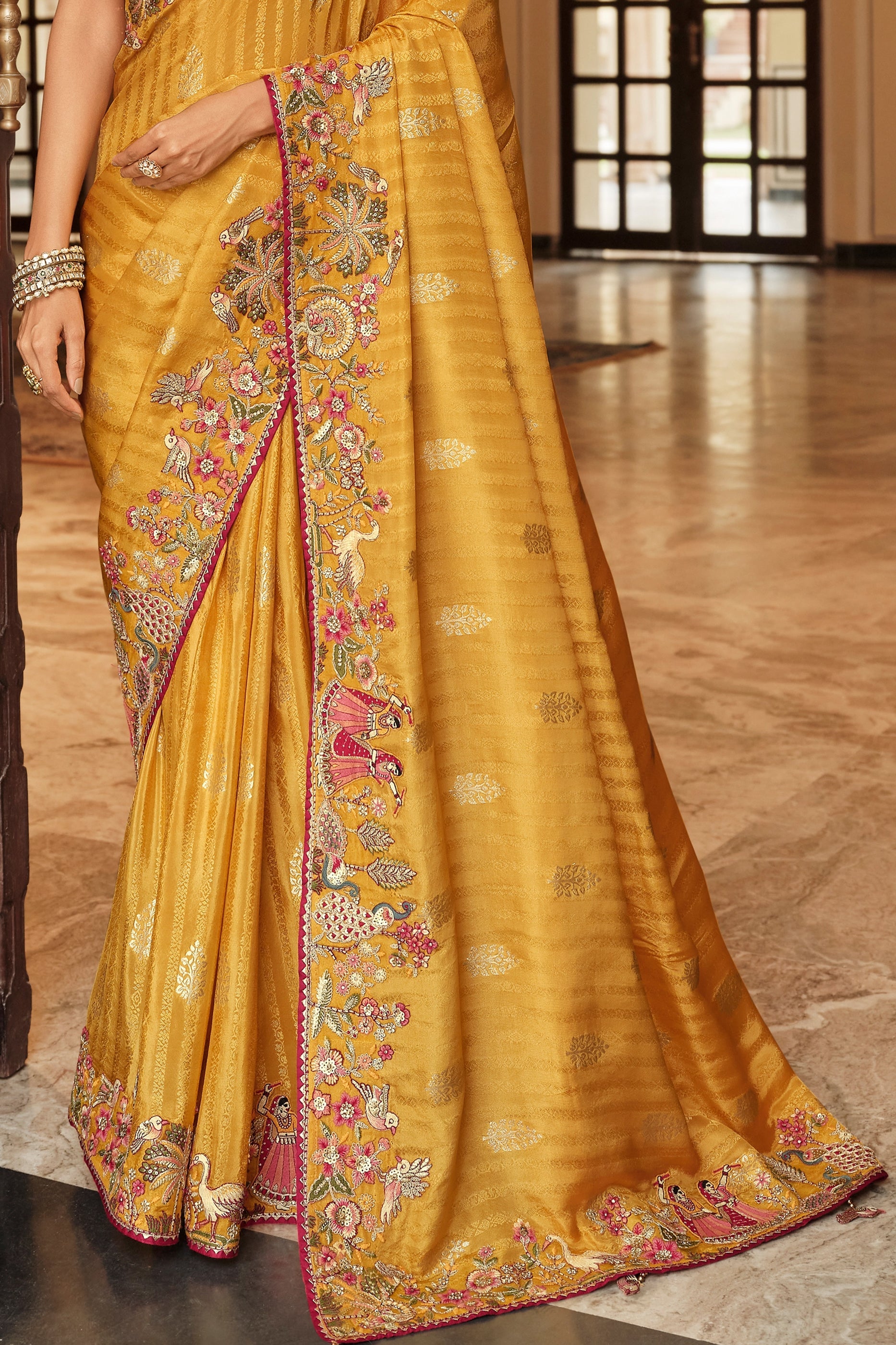 Yellow Embroidered Jacquard Viscose Silk Saree-SAR10365_4_SareeButa.com