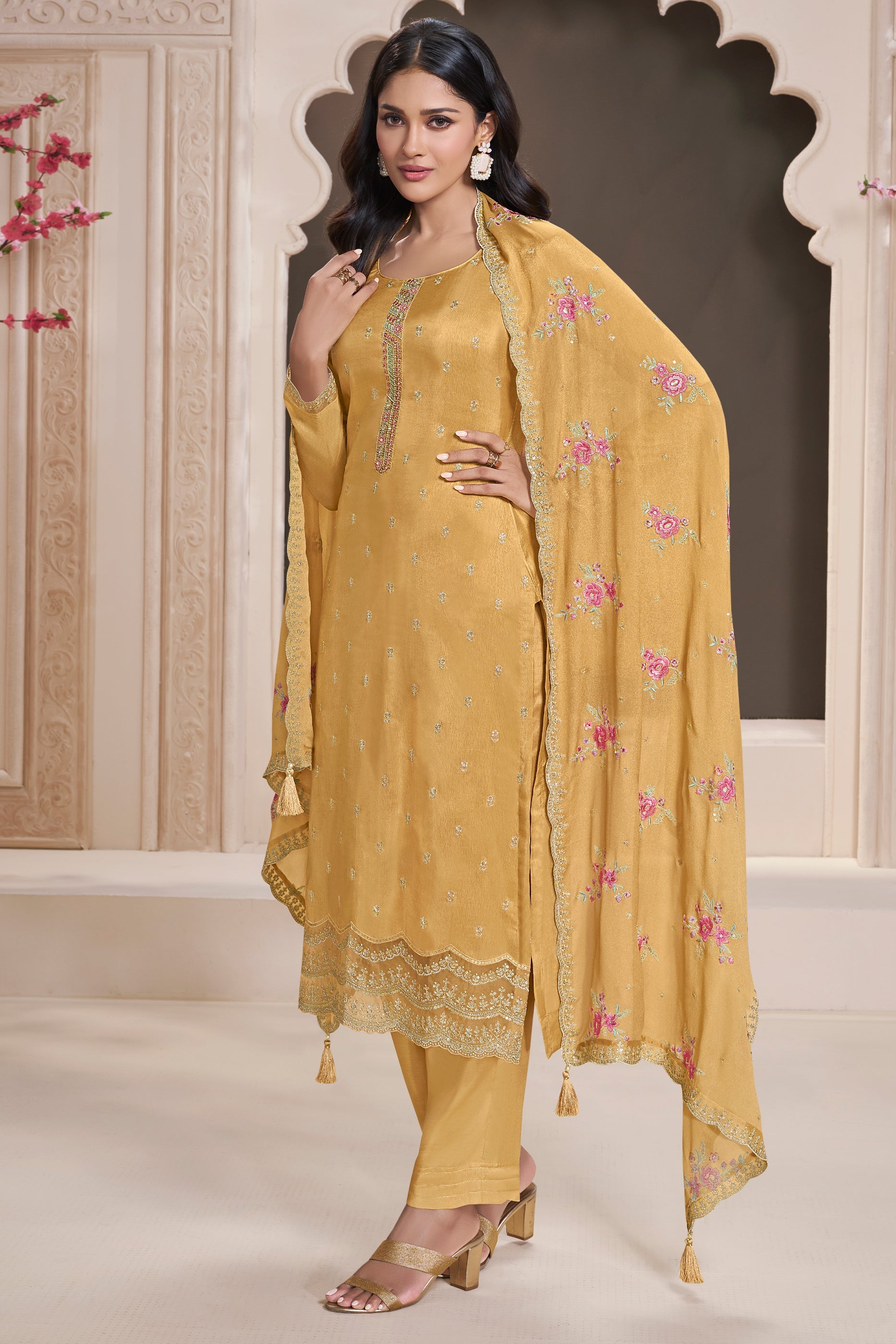 Yellow Embroidered Munga Silk Suit-SAR11742_1_SareeButa.com