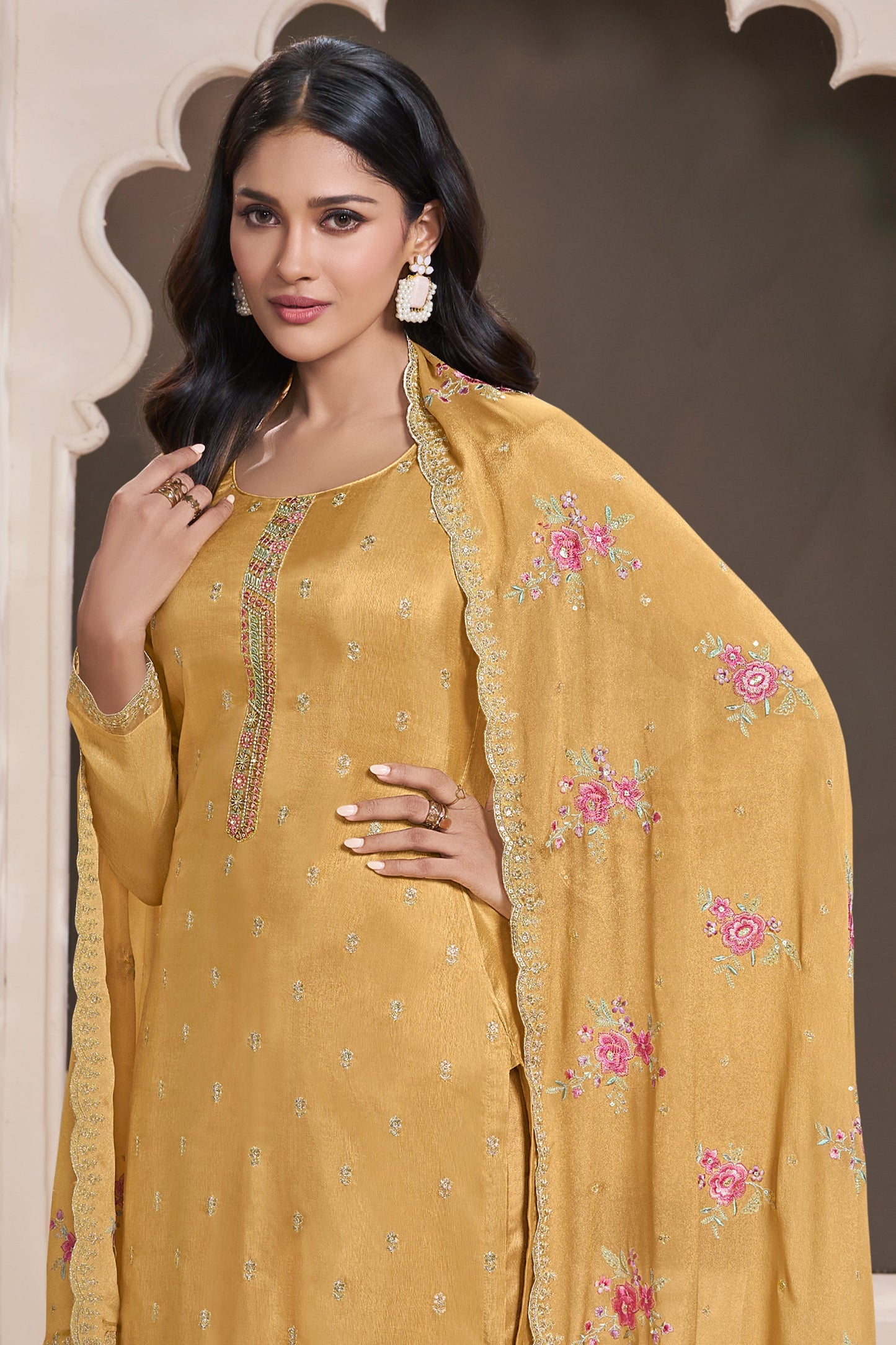 Yellow Embroidered Munga Silk Suit-SAR11742_3_SareeButa.com