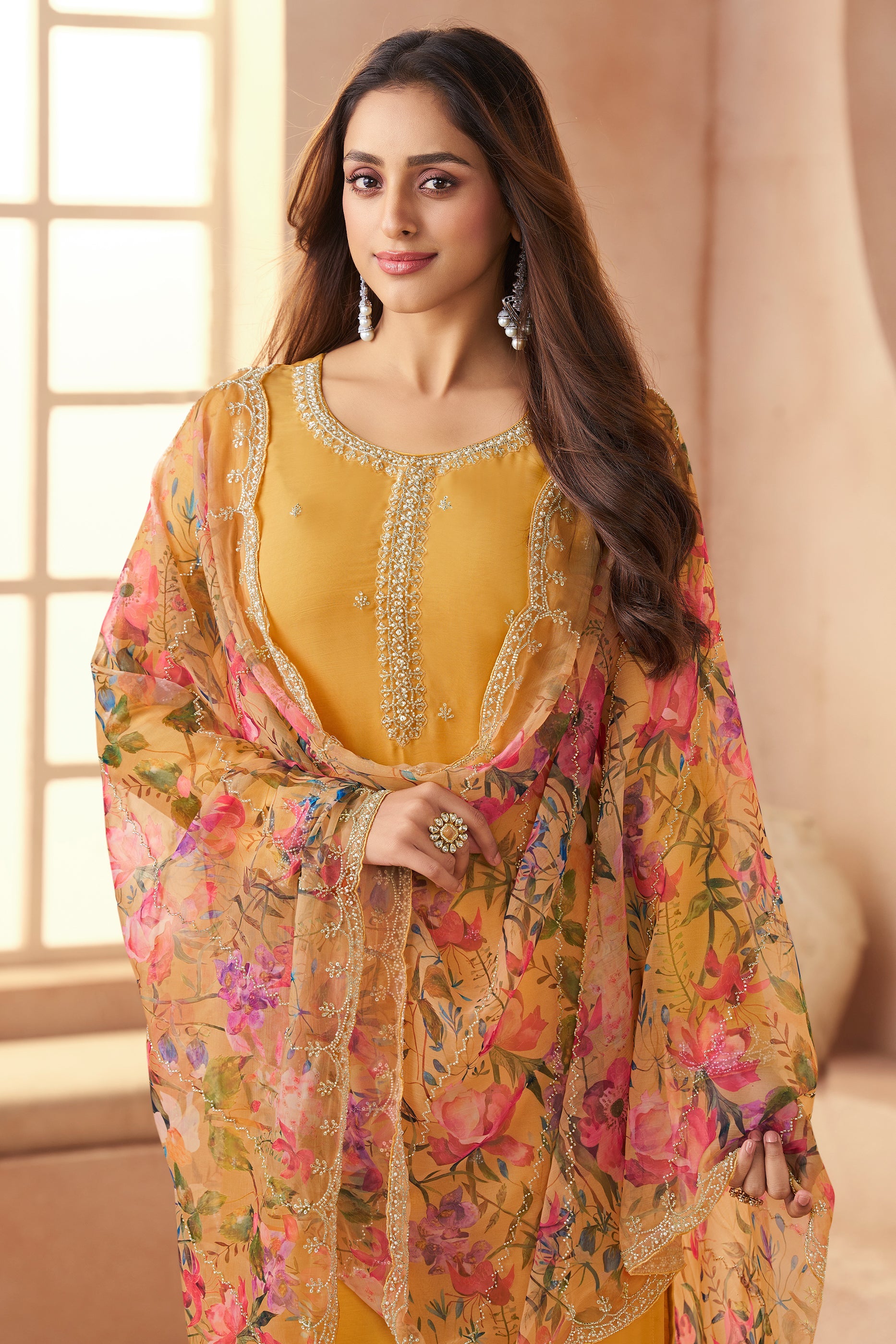 Yellow Embroidered Organza Chiffon Suit-SAR11501_2_SareeButa.com