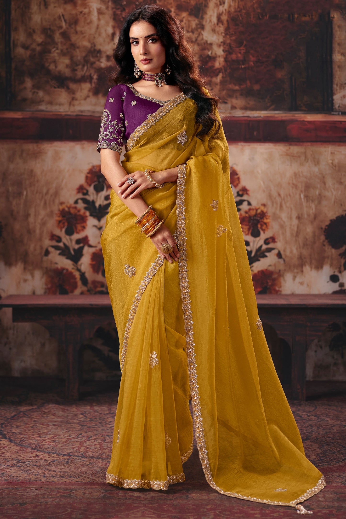 Yellow Embroidered Organza Saree-SAR13193_1_SareeButa.com
