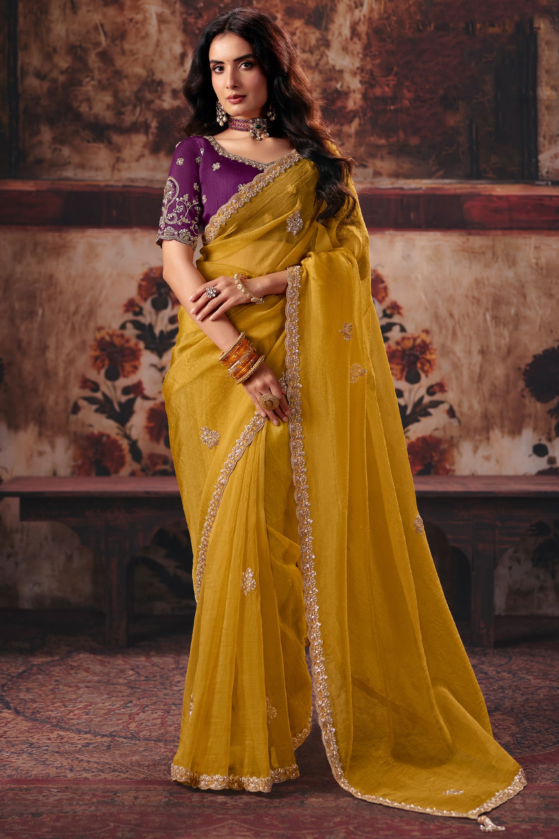 Yellow Embroidered Organza Saree-SAR13193_1_SareeButa.com