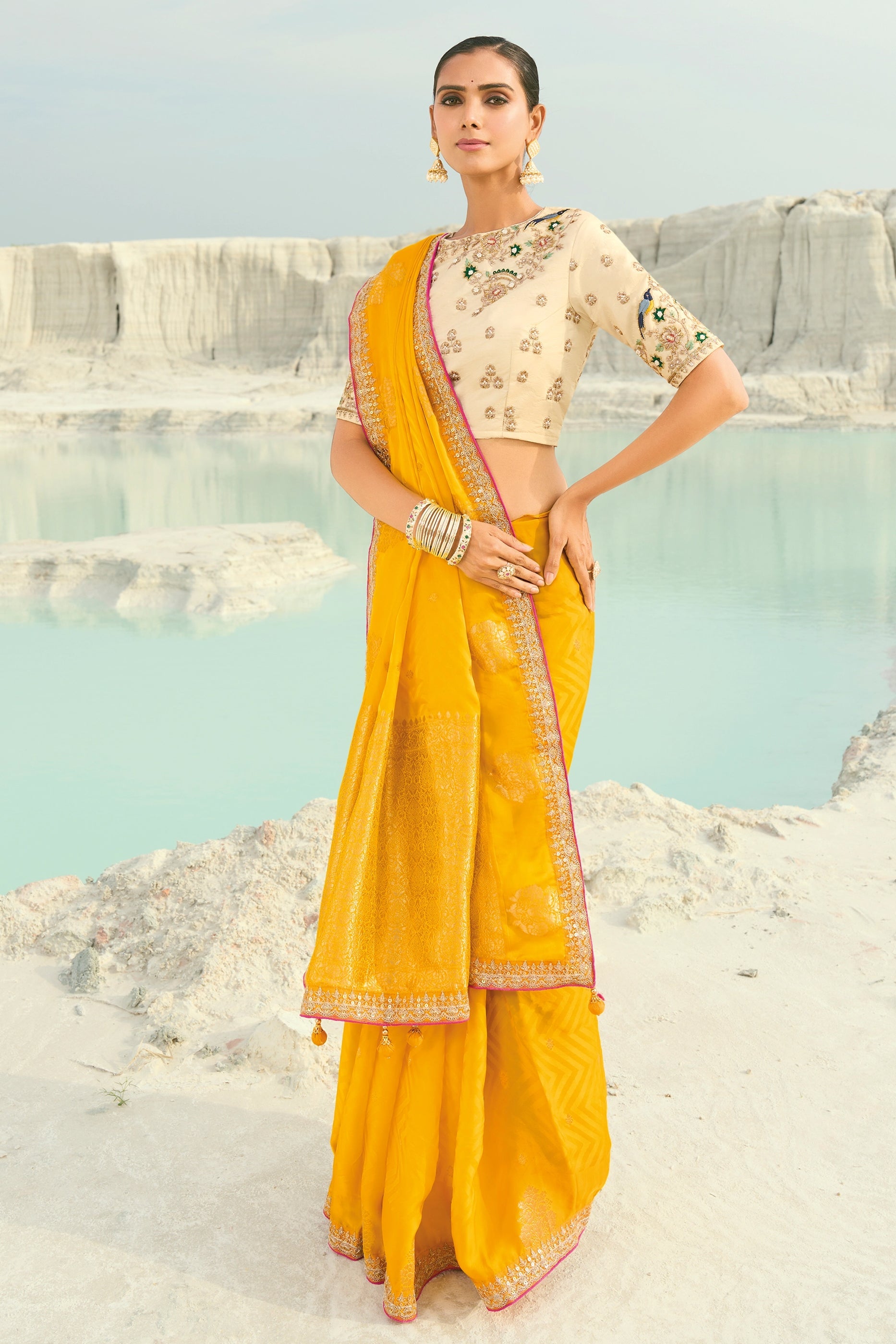 Yellow Embroidered Organza Viscose Satin Saree-SAR10821_3_SareeButa.com