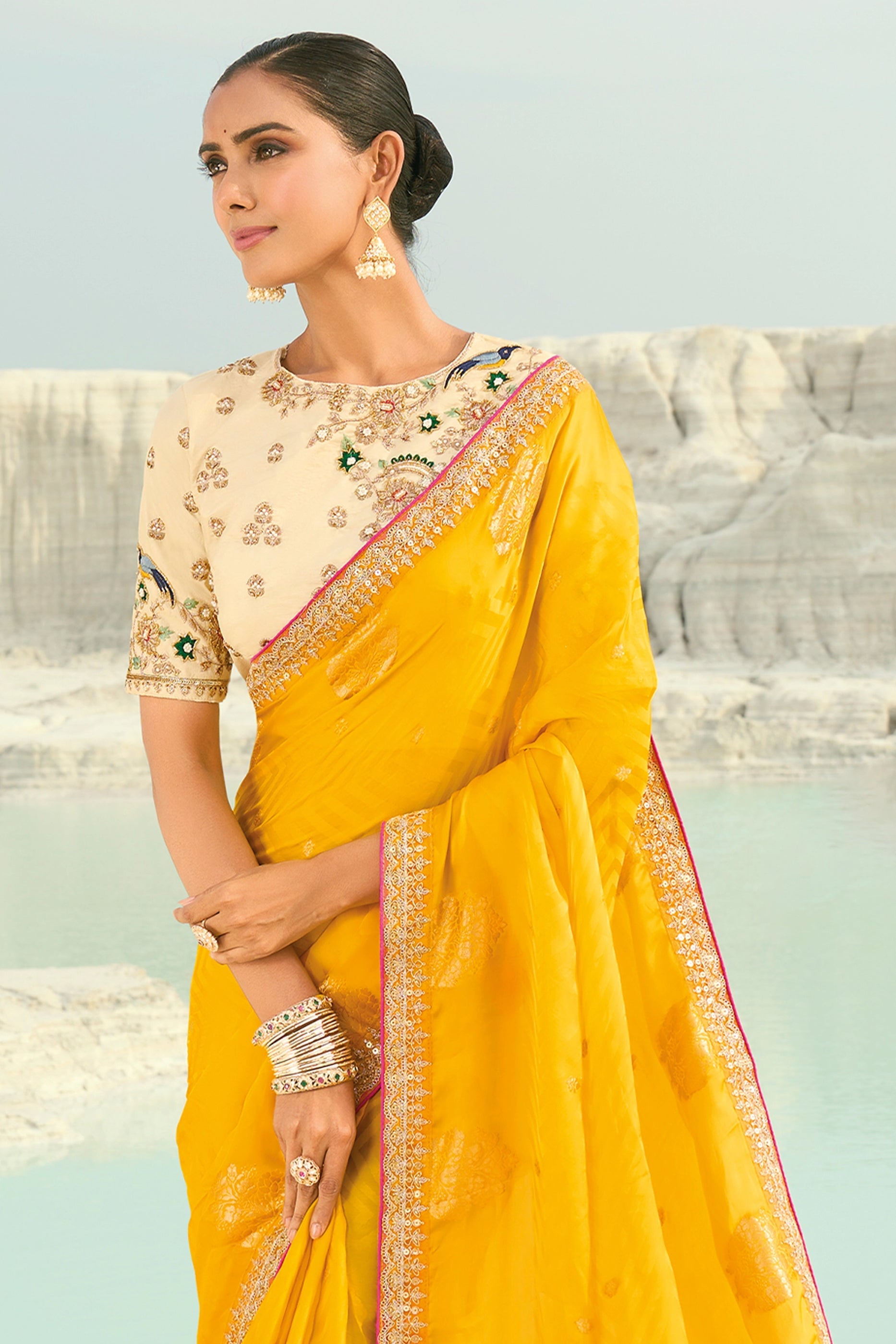 Yellow Embroidered Organza Viscose Satin Saree-SAR10821_4_SareeButa.com