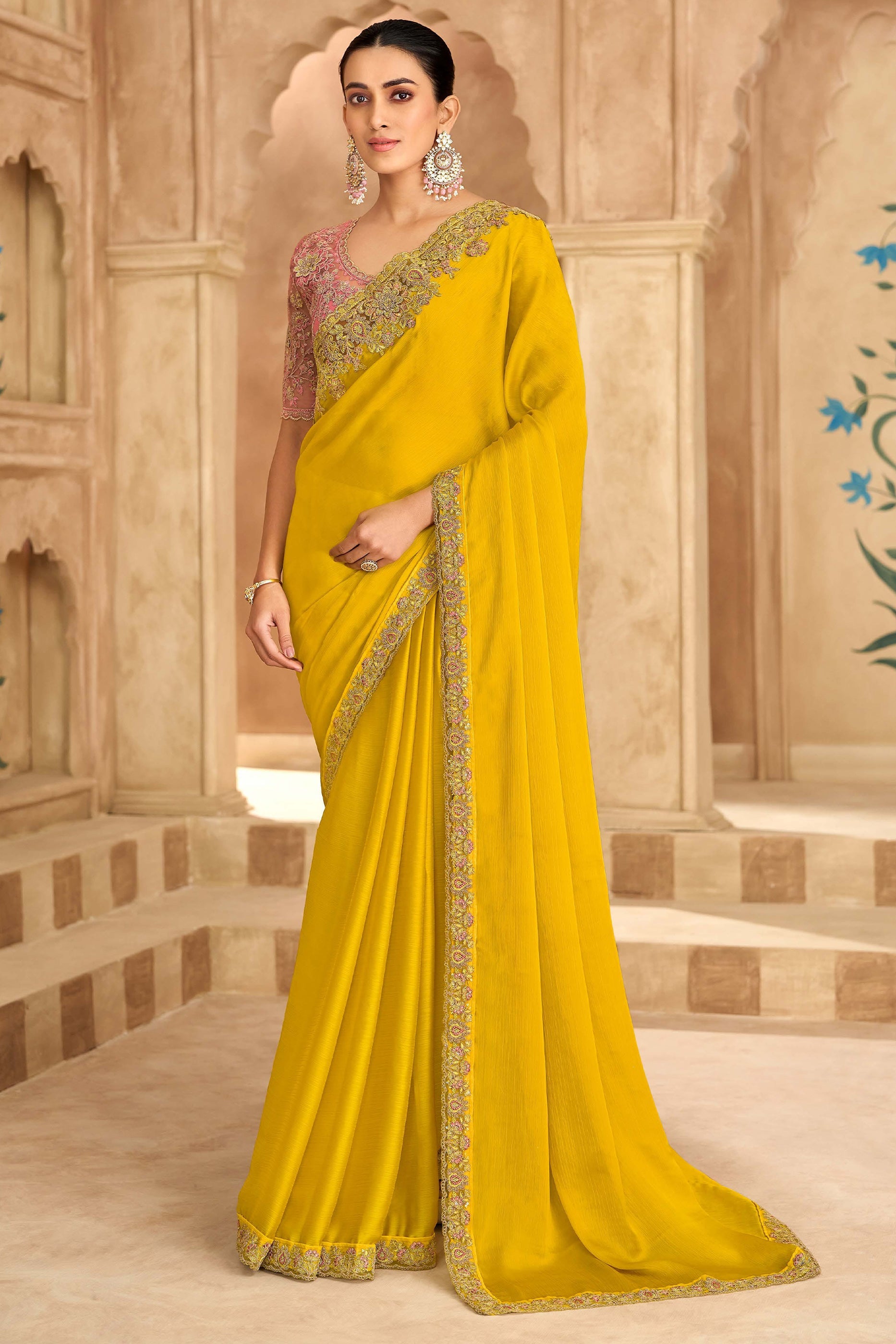 Yellow Embroidered Satin Chiffon Saree-SAR11702_1_SareeButa.com