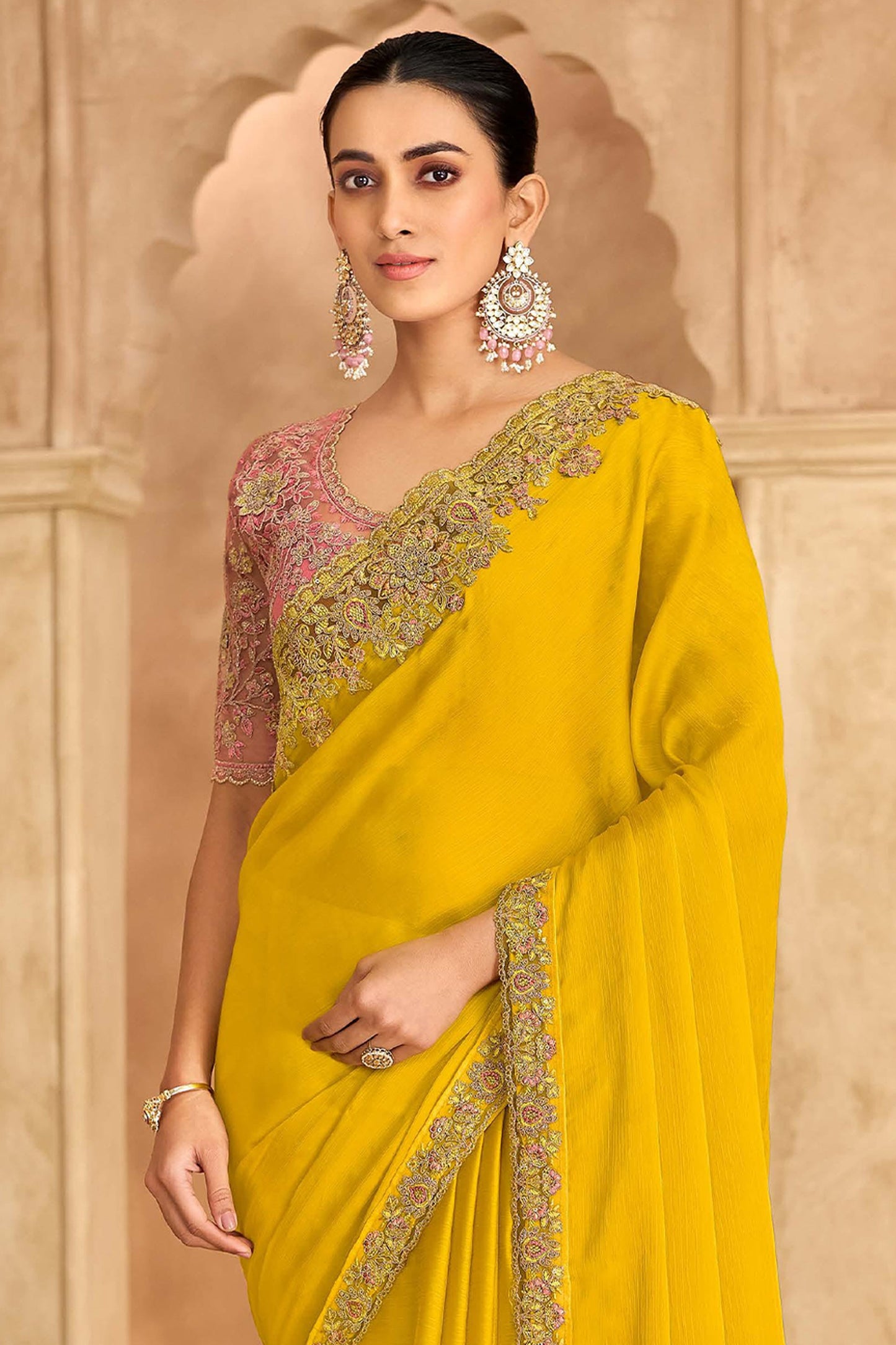 Yellow Embroidered Satin Chiffon Saree-SAR11702_3_SareeButa.com
